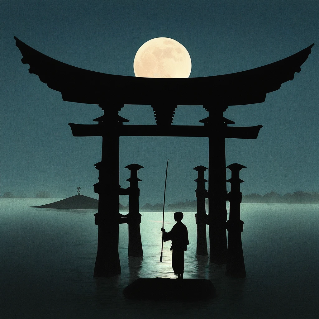 solo, silhouette, weapon, watercraft, full moon, sky, cloud, 1boy, outdoors, torii