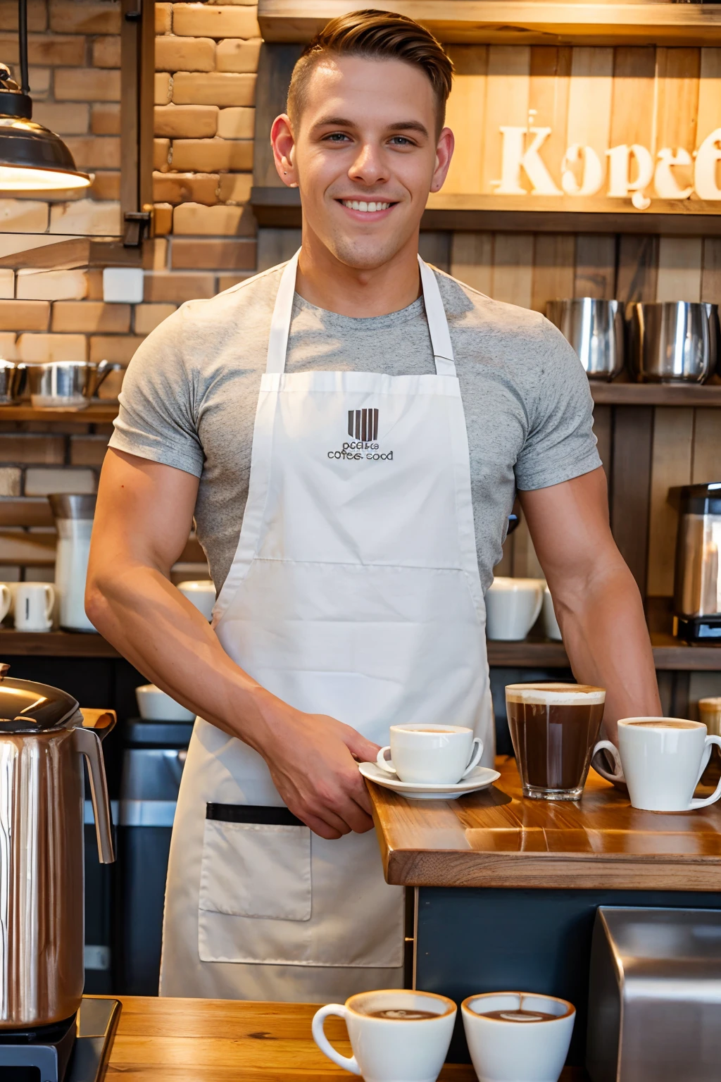 coffee shop, standing behind the counter beside cappuccino machine, holding a cappuccino mug, smiling, ShaneCook is a coffee barista, wearing shirt, pants, sneakers, (barista apron), wide angle <lora:ShaneCook:0.8>