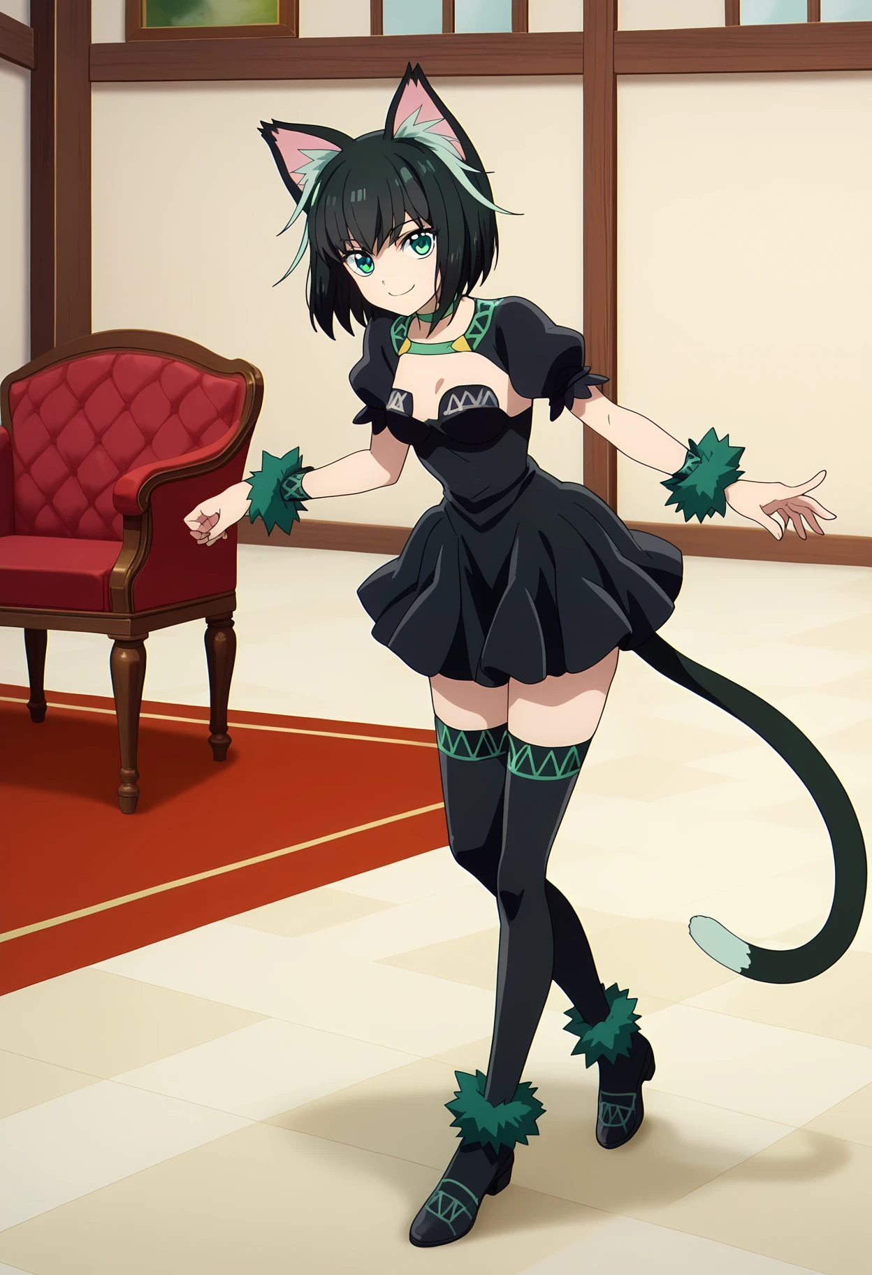 score_9, score_8_up, score_7_up,source_anime,
BREAK
1girl, solo,
<lora:shiTamaV1:1>, tamadef, short hair, black hair, multicolored hair,
green eyes, cat tail, cat ears, animal ears, wrist cuffs, 
choker,
black thighhighs, black dress, black footwear, 
looking at viewer, smile,