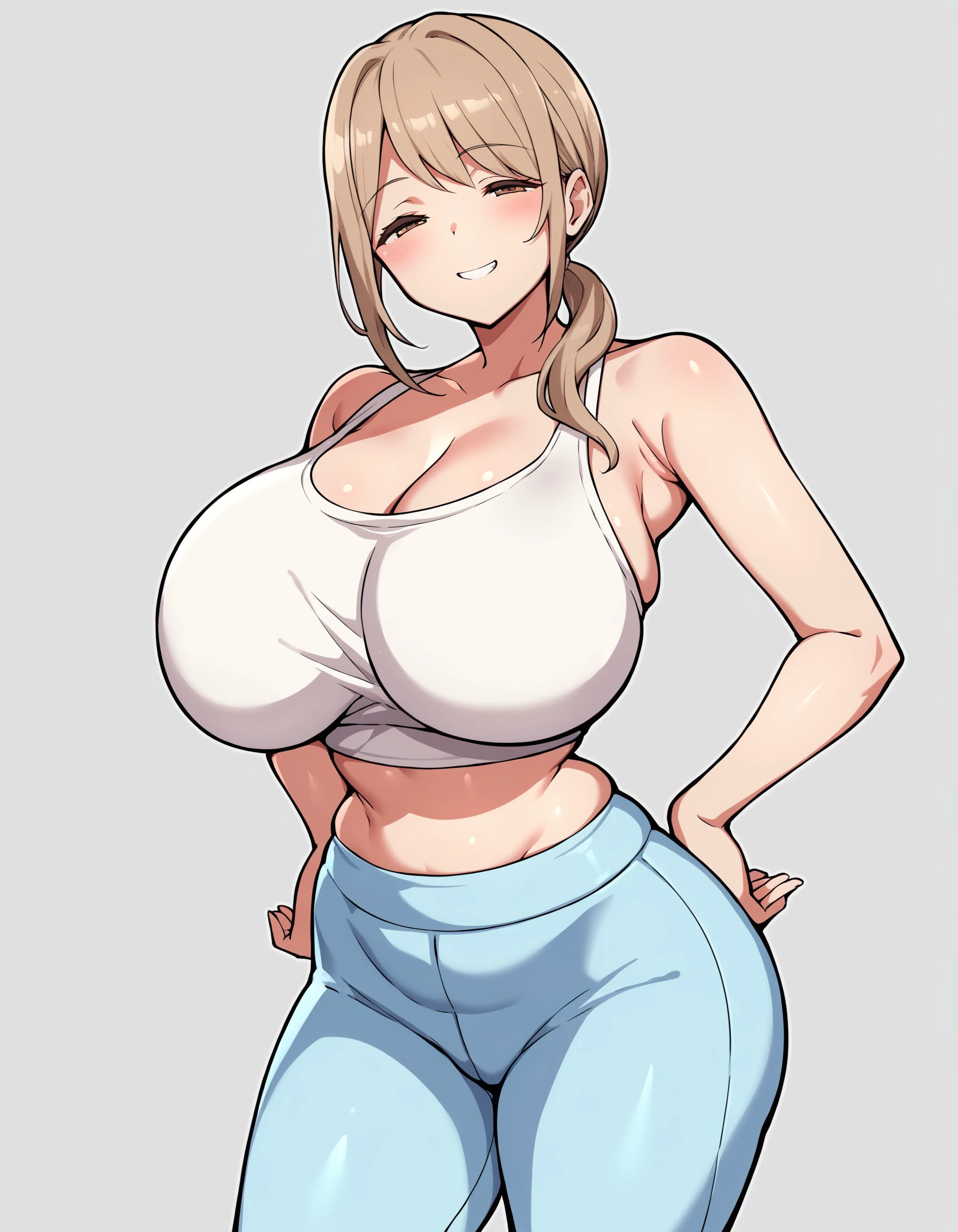 score_9, score_8_up, score_7_up, 1girl, solo, caramel brown eyes, half-closed eyes, huge breasts, stomach, ponytail, (sidelocks), mature female, (closed mouth), light blue yoga pants, smile, light brown hair, curvy, bare shoulders, white tanktop, simple background, standing, light blush, hands oh hips, cowboy-shot, seductive grin, seductive look, sexy look,, <lora:0b932026-1280-4cf4-8e77-4b8c2b1a7bee:1.0>