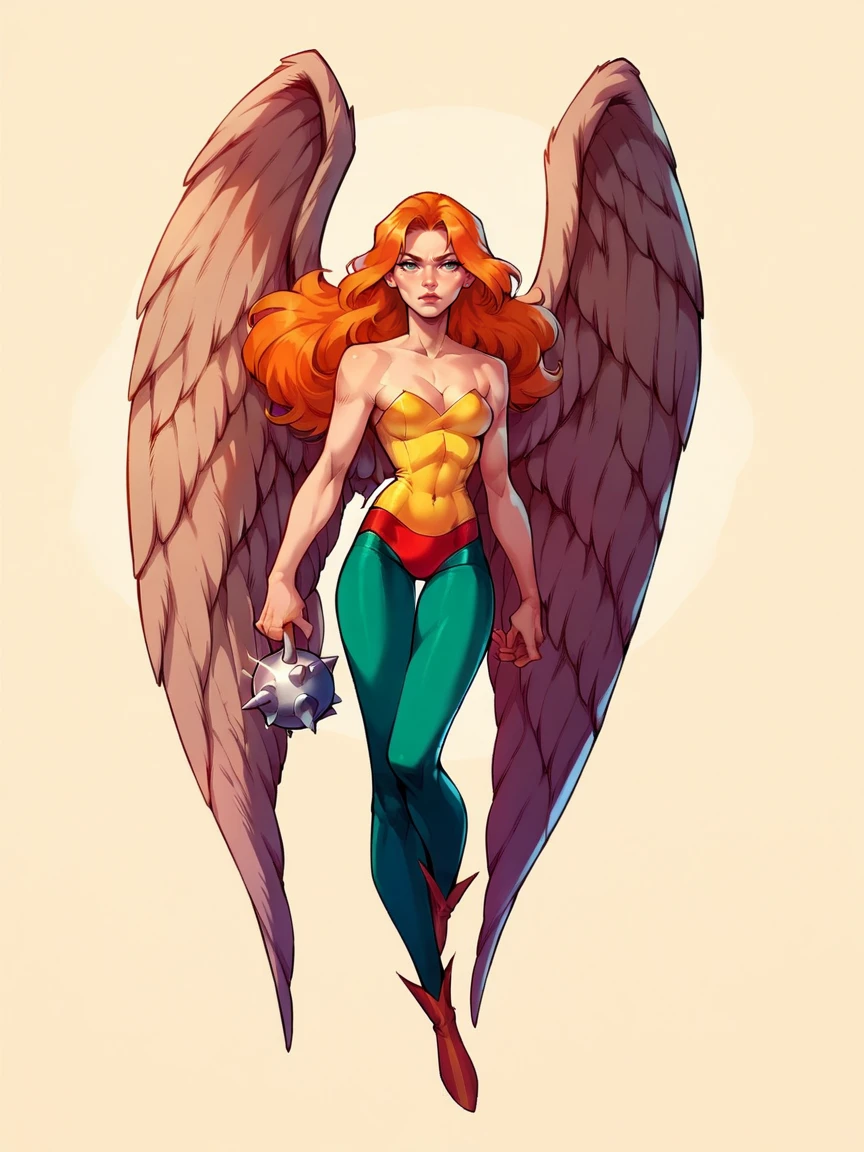 score_9, score_8_up, score_7_up, score_6_up, score_5_up,  <lora:HawkgirlXLP:1> hawkgirl, 1girl, solo, wings, long hair, orange hair, full body, leotard,