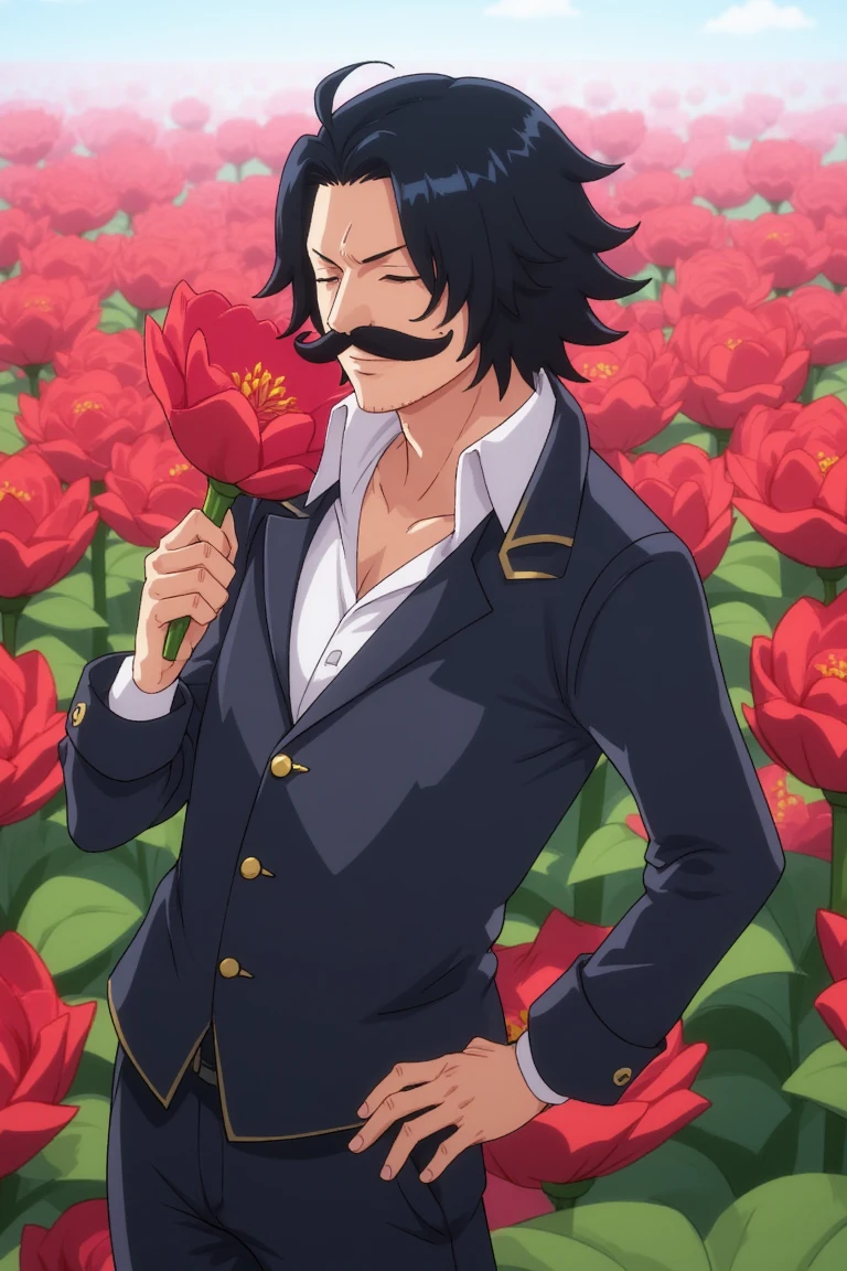 anime, standing in a giant flower field, RogerOP has black hair, facial hair, mustache, and closed eyes, smiling with closed mouth, he is holding a red flower, the background are the stems of the giant flowers