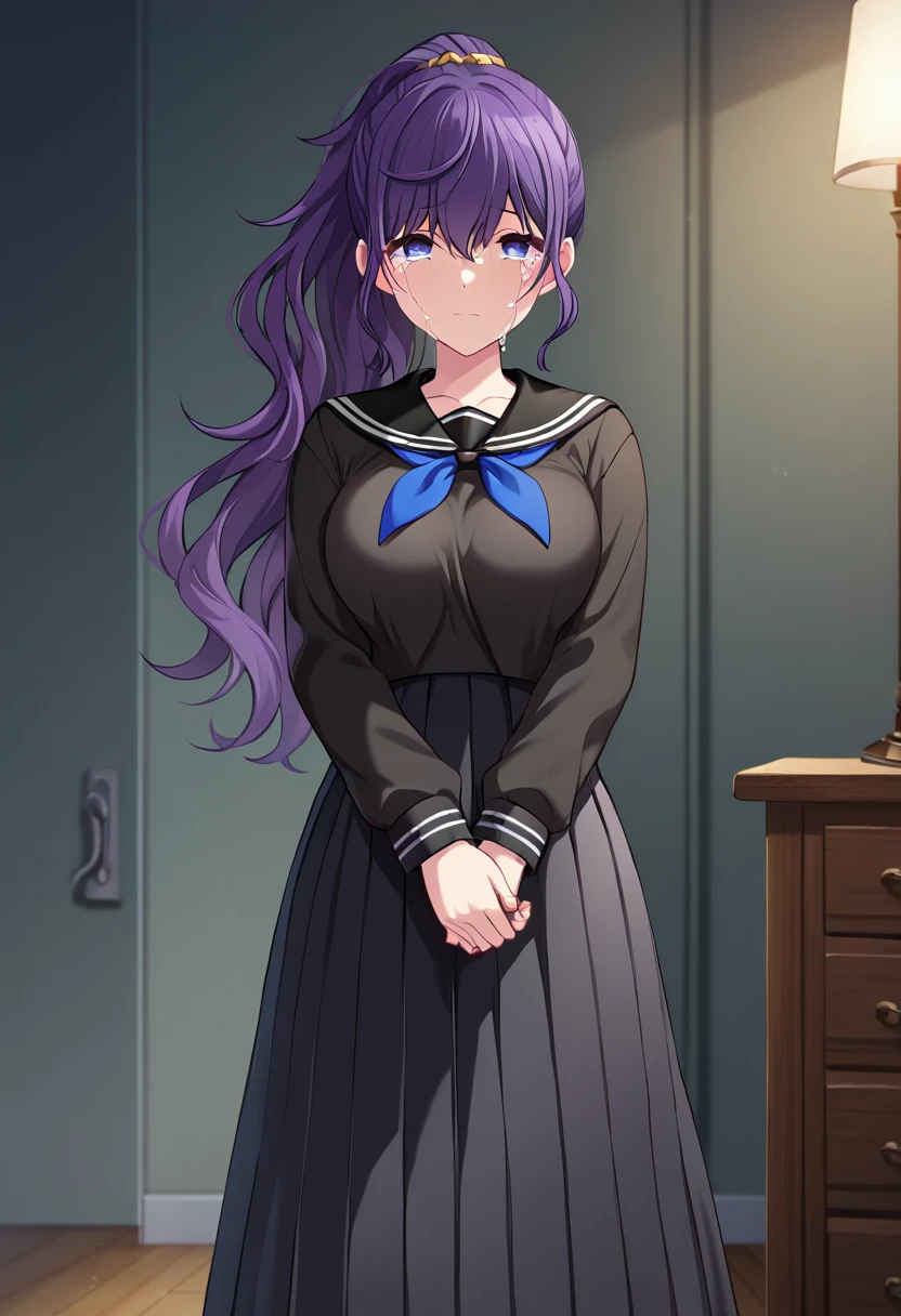 asahina_mafuyu, purple hair, purple eyes, blue eyes, gradient eyes, empty eyes, mossy ponytail, long hair,  official art,  large breasts, sekai outfit, black sailor collar, black long skirt, pleated skirt, blue neckerchief, black shirt, long sleeves,  lifeless face BREAK indoors, bedroom, dark room, dark, night, dark lighting BREAK looking at viewer, crying, crying with open eyes, tears, hugging own body, BREAK score_9, score_8_up, score_7_up, source_anime ,zPDXL, perfect hand,<lora:Asahina_Mafuyu:0.8>,