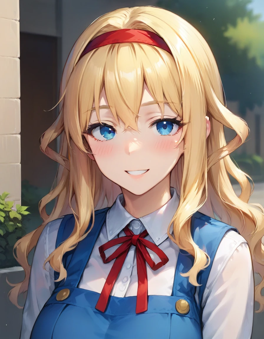 score_9,score_8_up,score_7_up,score_6_up BREAK official art,solo,outdoors,upper body,(portrait:1.5),looking at viewer,facing viewer,smile,blush,Yukina,blonde hair,long hair,wavy hair,hair intakes,red hairband,sidelocks,hair between eyes,bangs,blue eyes,school uniform,neck ribbon,red ribbon,pinafore dress,short dress,blue dress,white shirt,collared shirt,long sleeves,lace-trimmed dress,huge breasts,taut clothes,zettai ryouiki,white thighhighs,loafers,<lora:Yukina(kjk)-Pony:1.4>,<lora:Smooth Anime Style LoRA XL:0.8>,