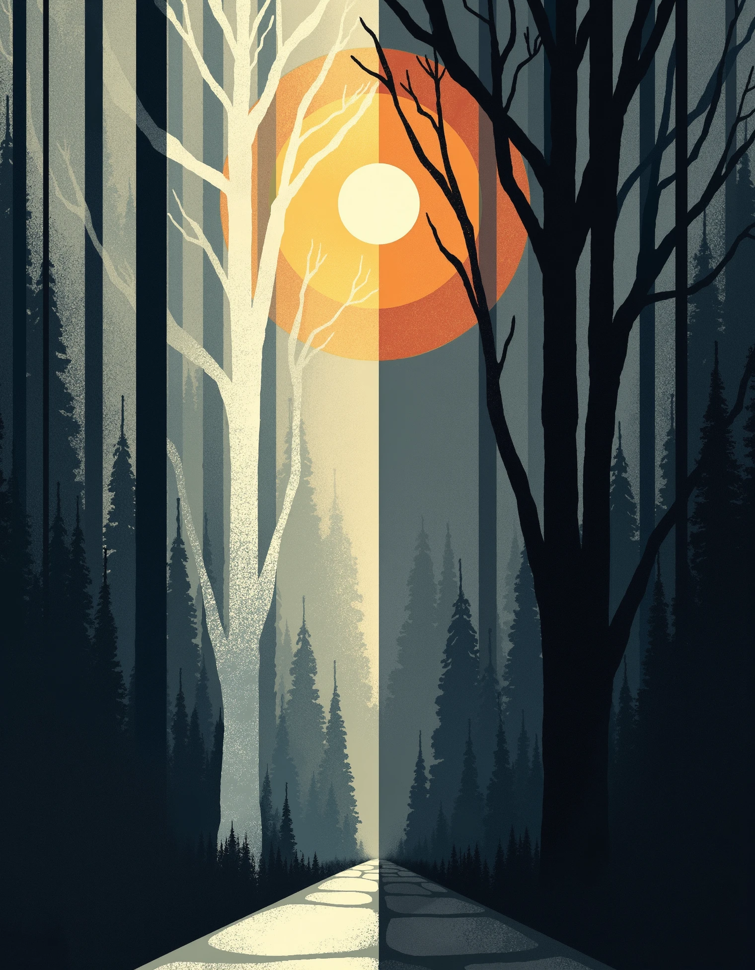 zavy-trtrt, A flat design, geometric abstraction Art Deco painting of two towering trees, one glowing white and one shadowy black, their branches forming geometric shapes that reach toward a glowing eclipse. A narrow path winds between them toward a hidden forest