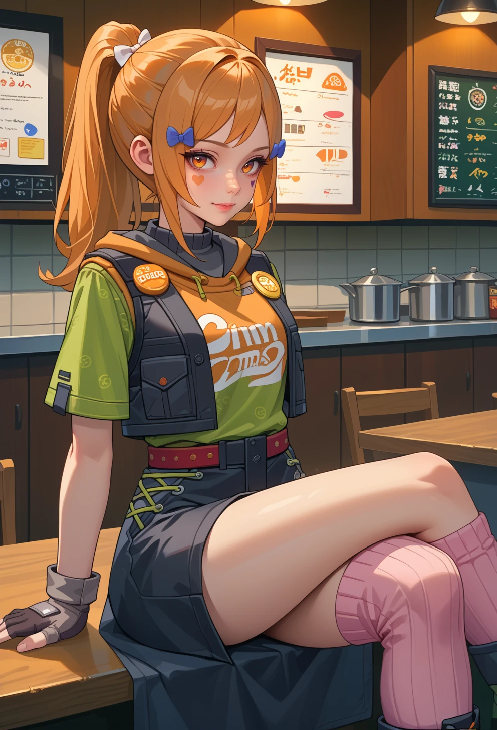 score_9, score_7_up, source_anime, solo, BREAK  <lora:AEHeddy:0.85> AEHeddy, orange eyes, orange hair, long hair, ponytail, sidelocks, facial mark, heart facial mark, hair bow, hair tie, hair clip, blue bow, white bow, hoodie, black skirt, black vest, green shirt, short sleeves, black gloves, fingerless gloves, grey gloves, apron, badge, red belt, long skirt, pink socks, black footwear, boots, 
sitting, on counter, crossed legs, seductive smile, arms behind back, arm support, leaning back,