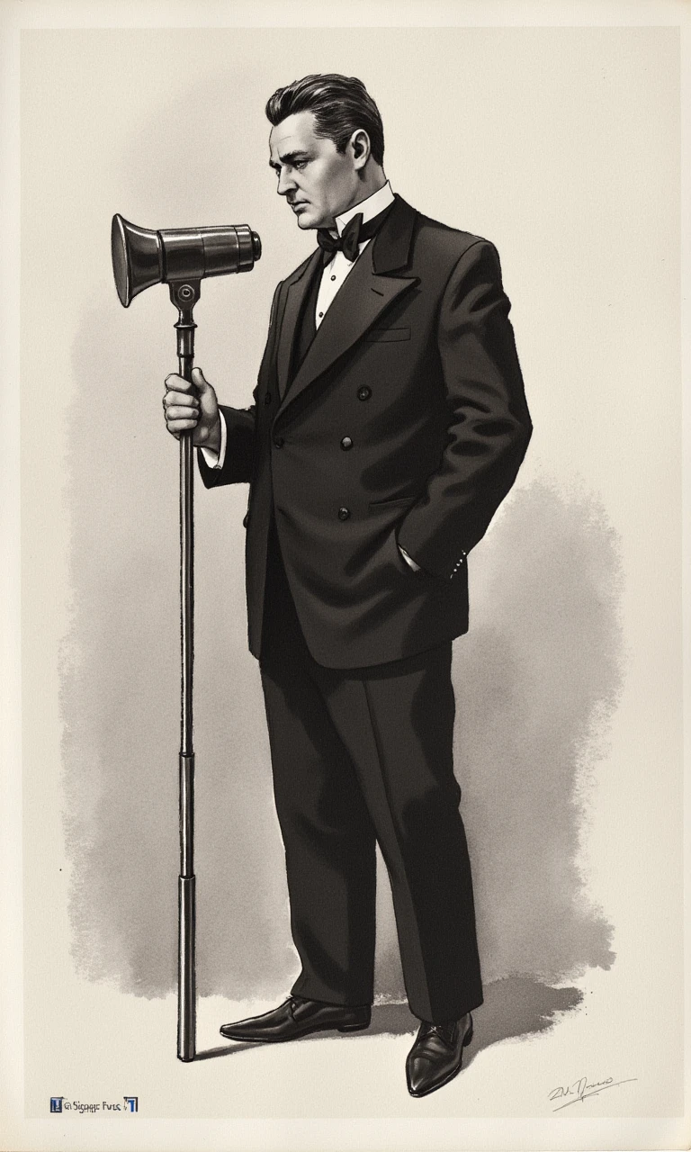 vintage charcoal drawing of a 1920s older male singer holding microphone at New York street