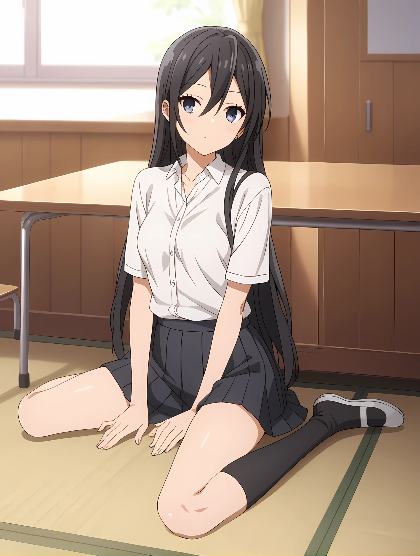 (school uniform skirt white shirt black socks uwabaki), hm-sawada, black hair, long hair, blue eyes, medium breasts, 1girl, solo, skinny, score_9, score_8_up, score_7_up, score_6_up, score_5_up, source_anime, blush, indoors, (1.3::full body|sitting|standing|lying|0.6::close-up| :1.20), , <lora:hm-sawada-V01-000004:0.80>