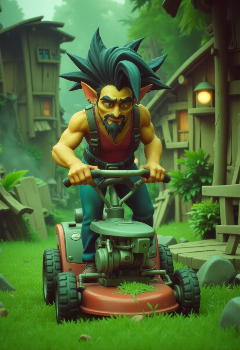 <lora:Crash_Bandicoot_4_Style_FLUX:0.8> cr4shstyle,   a man mowing his law