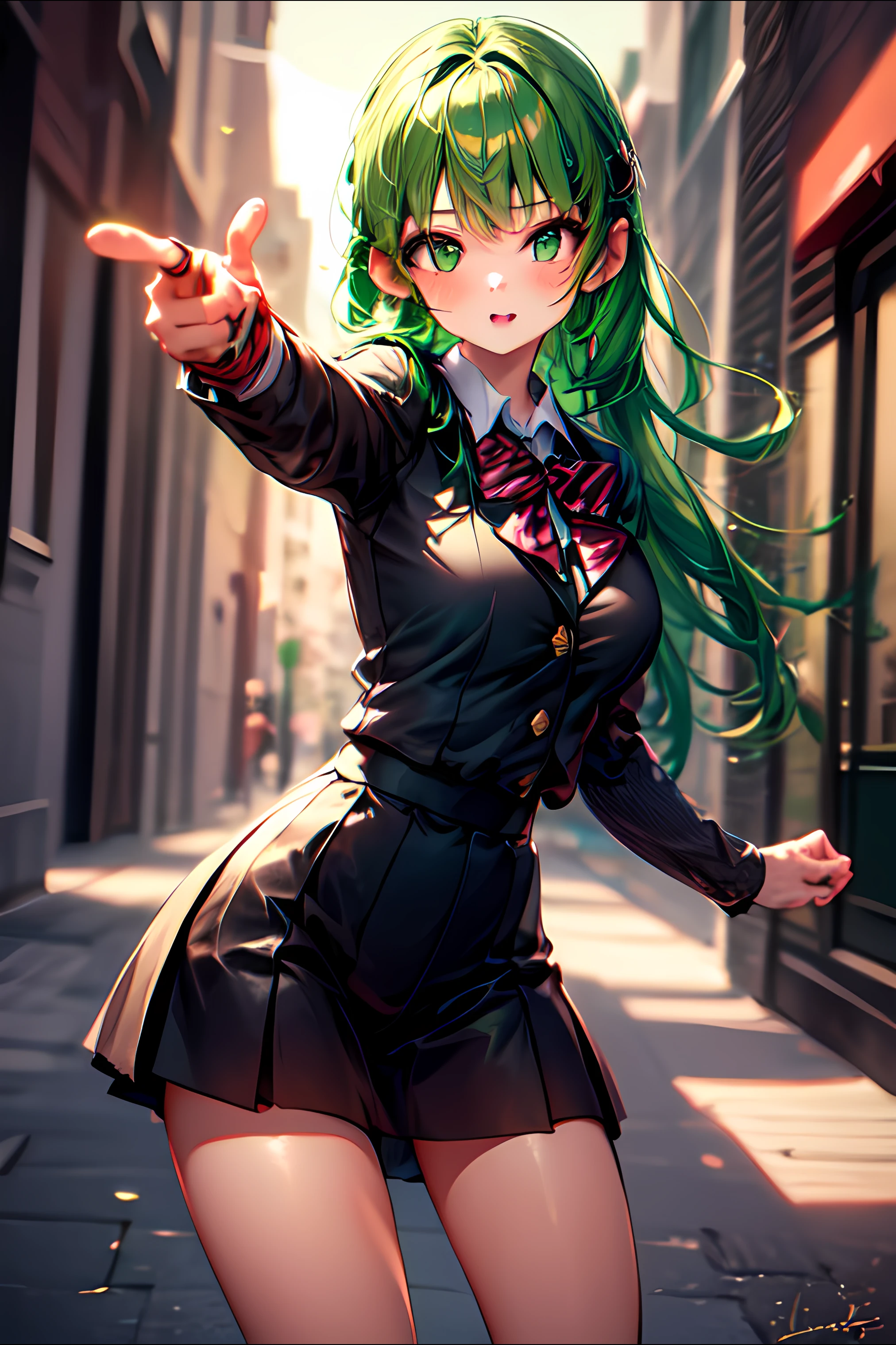 (masterpiece), high quality, 1girl, long hair, green hair, bangs, solo, school uniform, pointing forward, standing, outdoor background, street, <lora:Pointing_Forward_Finger_Gun_for_SD_model__pose-000009:0.85> <lora:add_detail:1>