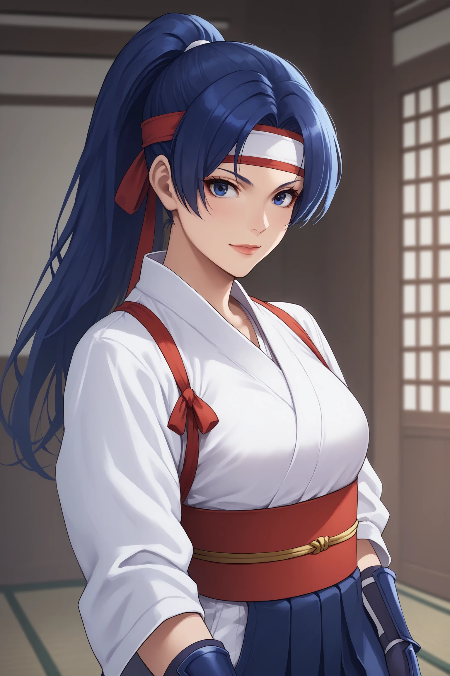 todoh kasumi, long hair, blue hair, ponytail, headband, blue eyes, japanese clothes, douki, blue gloves, fingerless gloves, blue arm guards, hakama, white shirt, red obi, red back bow, hakama pants, blue pants, white socks, white tabi, flip-flops, <lora:Kasumi_Todoh:0.8>, score_9, score_8_up, score_7_up, score_6_up, score_5_up, source_anime, rating_safe, medium breasts, indoors, 1girl, solo, looking at viewer, <lora:age_slider_v4:1>, (upper body:1.4), standing