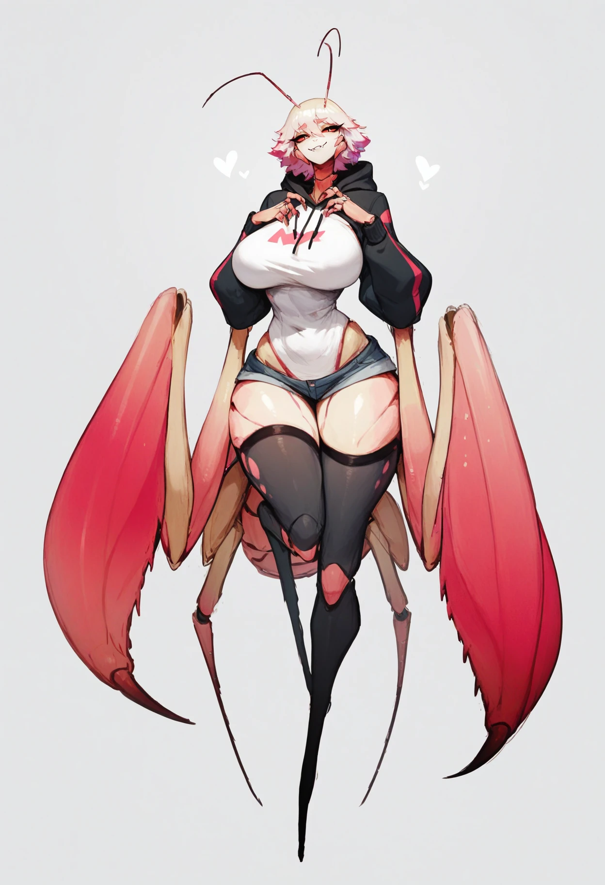 score_9, score_8_up, score_7_up, score_6_up, score_5_up, score_4_up,
 <lora:OrchidMantis:1> mant1s, arthropod limbs, 
1girl, solo, smug, simple background, big breasts, hoodie, black legwear,