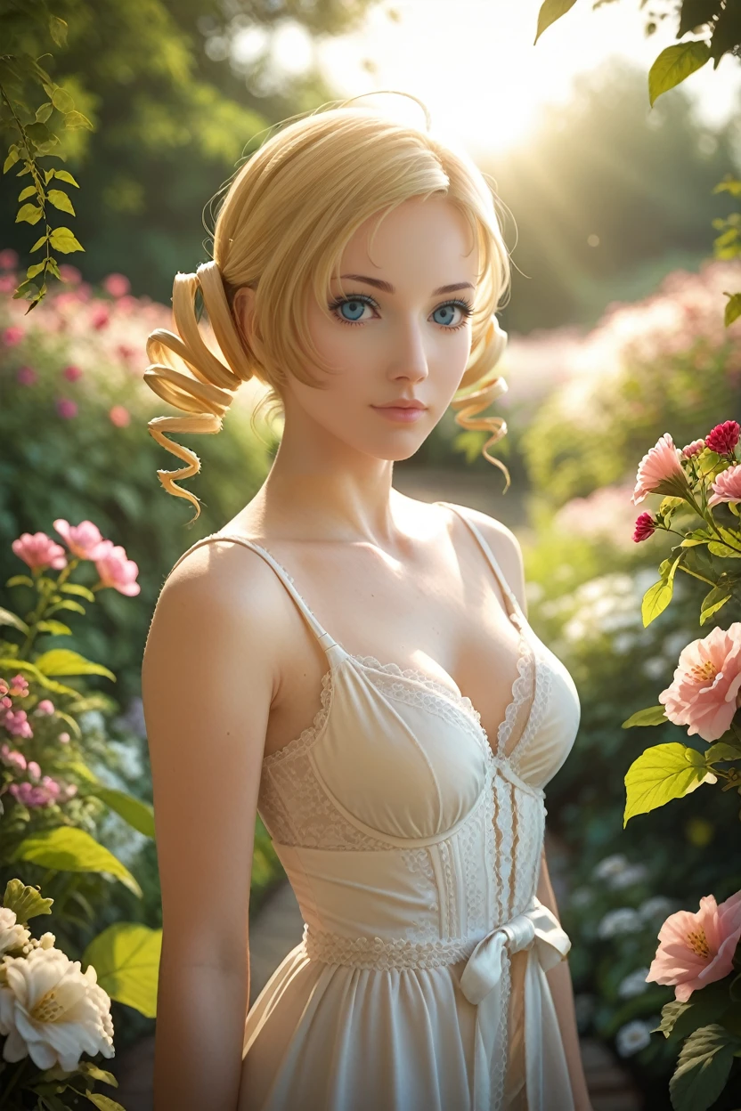 score_9, score_8_up, score_7_up,
<lora:CCatherine:0.8>
CCatherine, 1girl, blonde hair, drill hair, blue eyes, looking at viewer, standing in a sunlit garden, surrounded by blooming flowers, soft focus background with bokeh, gentle breeze rustling through leaves, romantic and dreamy ambiance