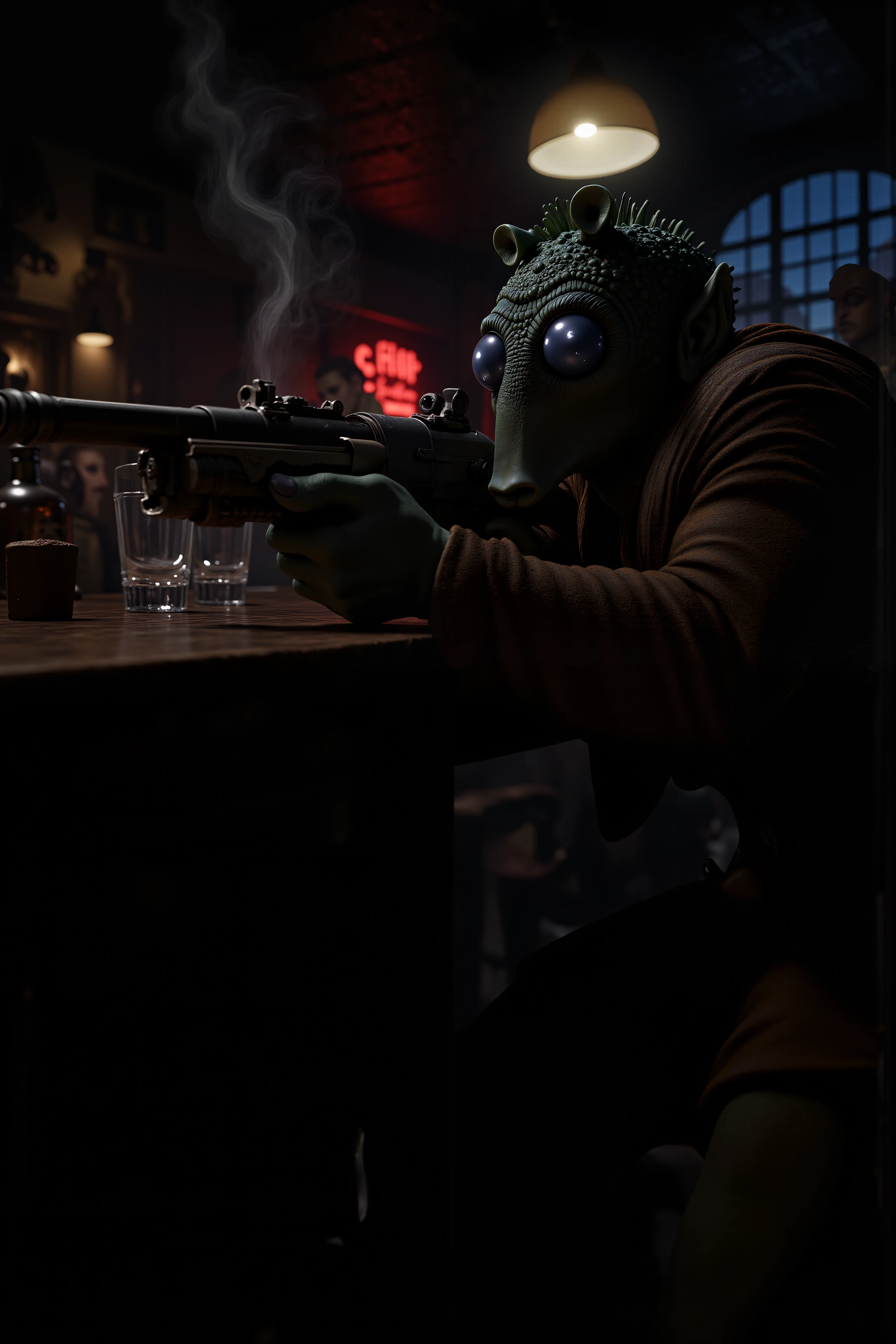 A hyper-realistic portrait, photorealistic photo close-up image of  A Rodian bounty hunter crouches in the shadows of a dimly lit cantina, his blaster drawn and aimed steadily at a distant target. His dark green skin is partially obscured by a weathered, brown cloak that blends perfectly with the grimy surroundings of the backwater world. The air is thick with smoke, and the sounds of drunken conversations and clinking glasses fill the room, masking the Rodianâs quiet movements. His large, reflective eyes scan the crowded cantina, tracking the movements of his mark, a notorious spice smuggler sitting at a table surrounded by rough-looking thugs. The flickering neon lights outside cast long, shifting shadows across the cantina floor, and the smell of stale ale and fried food lingers in the air. The Rodianâs hand tightens on the trigger of his blaster, his breathing steady and controlled as he waits for the perfect moment to strike. Behind him, a bartender polishes glasses absentmindedly, unaware of the deadly tension that hangs in the air. The bounty hunterâs heart beats calmly, his years of experience guiding him as he prepares to bring his quarry in, dead or alive. (photography, high-resolution, dynamic, energetic,hyper-realistic, dramatic lighting, shallow depth of field.), detailmaximizer, MythP0rt<lora:midjourney_whisper_flux_lora_v01:0.1><lora:aidmaMJ6.1-FLUX-V0.1:0.4><lora:FluxMythP0rtr4itStyle:0.4><lora:detailed_flux_ntc:2.2><lora:aidmaImageUpgrader-FLUX-V0.1:0.65><lora:RODIAN_1:1.1>