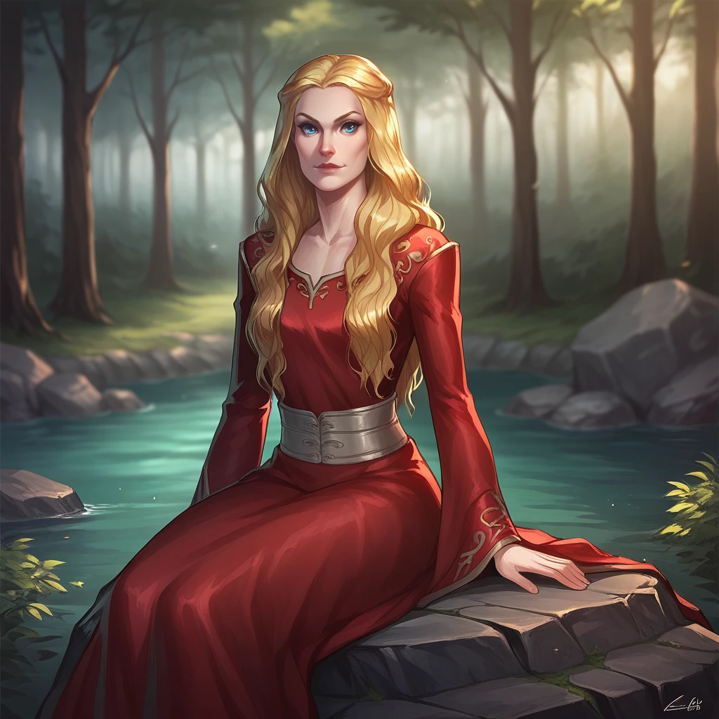 score_9_up, score_8_up, BREAK, CerseiLannister, 1girl, solo, long hair, blonde hair, blue eyes, red dress, sitting on rock, <lora:CerseiLannister_PXL_Leaf1:1>, looking at viewer, outdoors, forest, depth of field,