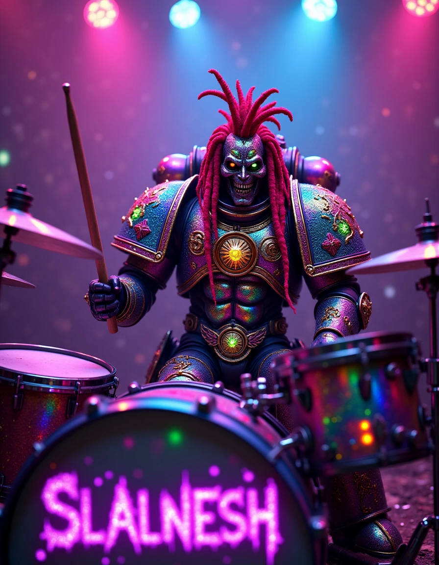 Imagine a vivid, explicit and uncensored photorealistic high-definition 8k professional image featuring a Noise Marine in Space Marine Power Armor with neon red dreadlocks sitting behind a large drum kit, his kaleidoscopic iridescent rainbow armor is covered in elaborate glowing symbols and glitter, he has drumsticks in his hand and is illuminated by multicolored spotlamps. on the bass drum it reads "SLAANESH" in a garish glittery font.