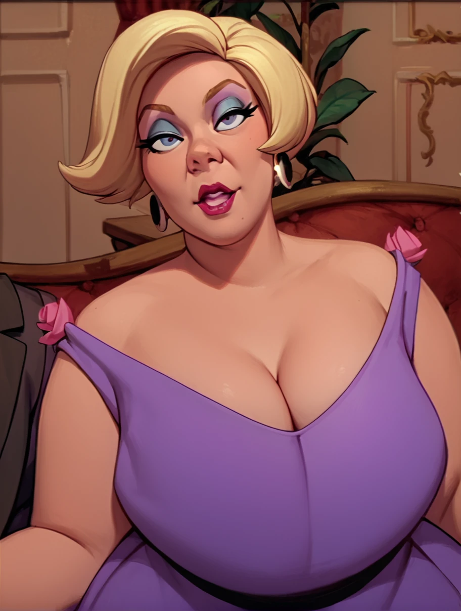 score_9, score_8_up, score_7_up, rating_questionable,  zPDXL, detailed eyes, 2d  source_cartoon, (adult:1.2)  ,(female:1.2),
<lora:Sophie_Anastasia_Pony:1> sophiea, blonde hair, fat, bbw, chubby, purple dress, cleavage, earrings, makeup, lipstickâââ