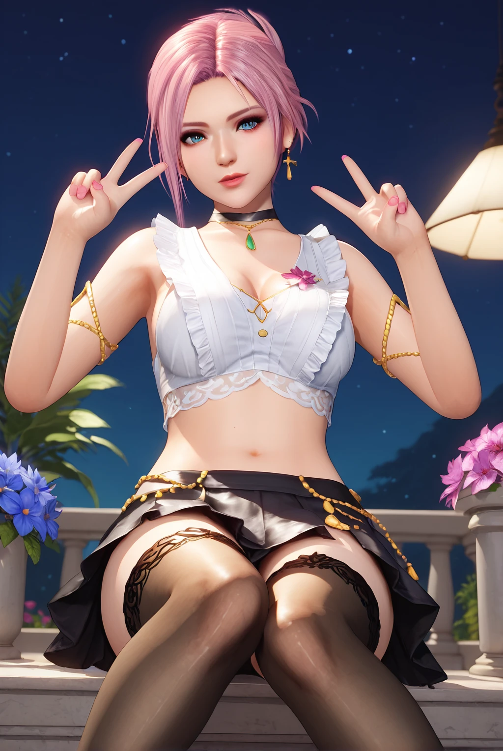 score_9, score_8_up, score_7_up, 1girl, EliseDOA, short hair, hair bun, blue eyes, skirt, pink hair, flower, choker, midriff, black skirt, Elise main outfit, lace trim, sleeveless shirt, armlet, black thighhighs, double v, pink nails, looking at viewer, from below, sitting, night