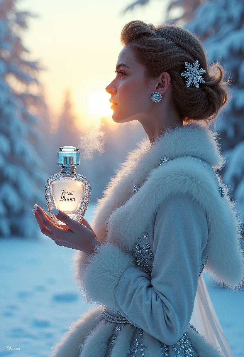 This image is a vintage advertisement for perfume by Liora Vogue called Frost Bloom. The setting is a winter wonderland, with snow-covered trees and an ice palace in the background. The model is draped in a silver fur coat and crystal-embellished gown, her breath visible in the crisp, cold air. She is looking to the side gazing into as wintry sunset. She is holding a frosted glass bottle in the shape of a delicate snowflake, with silver detailing and a blue-tinted stopper. The name "Frost Bloom" is etched into the glass in an icy font. The aesthetics are icy, elegant, and regal, with shimmering frost, pale blues, and glittering snowflakes. The perfume is cool and fresh, evoking the purity of winter mornings.