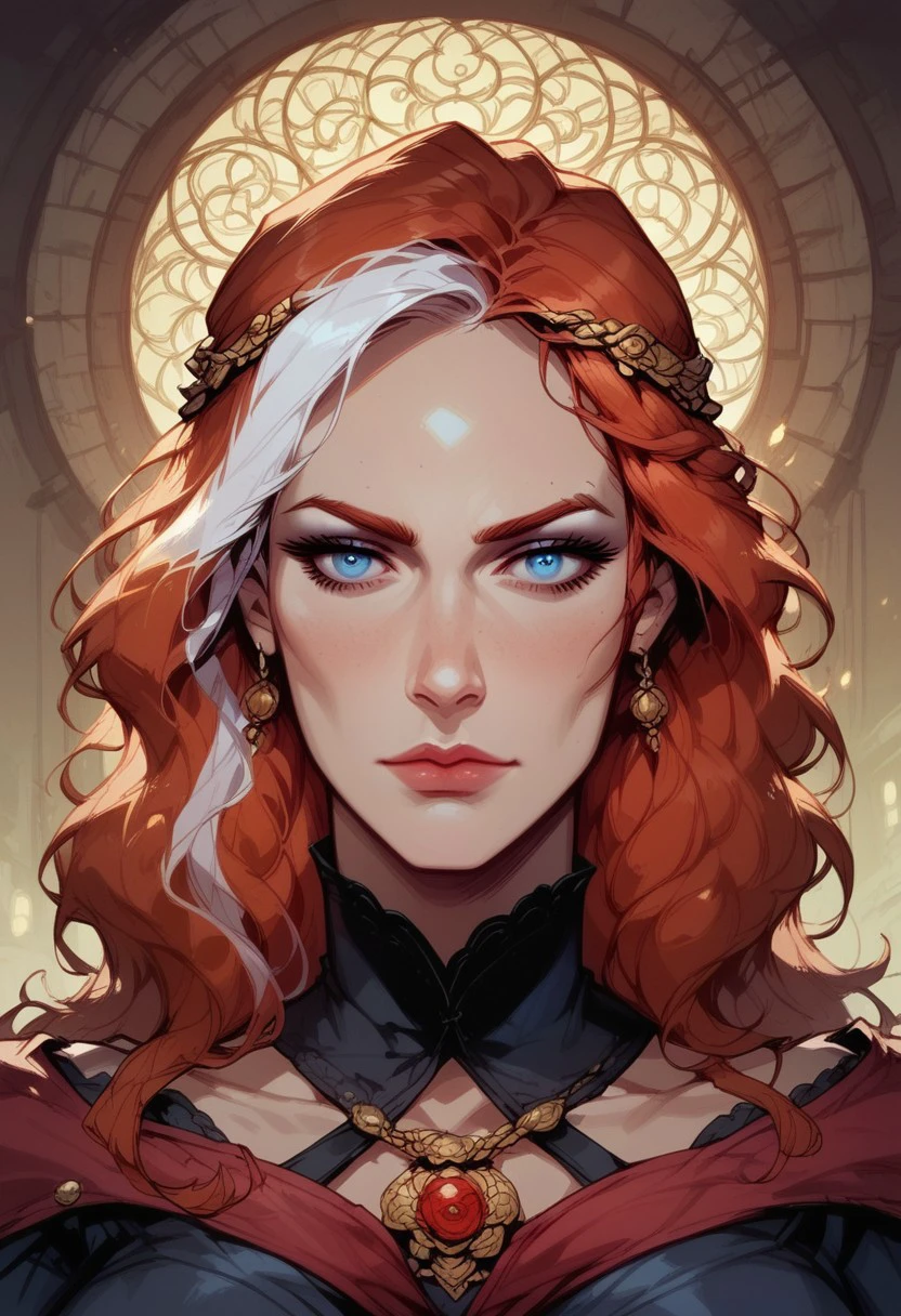 score_9, score_8_up, score_7_up, BREAK, 1woman portrait, beautiful, dramatic lights ((Loshe. Loshe Divinity Original Sin 2. LosheDOS2. mulitcolored hair. redandwhitehair. white highlights, blue eyes))