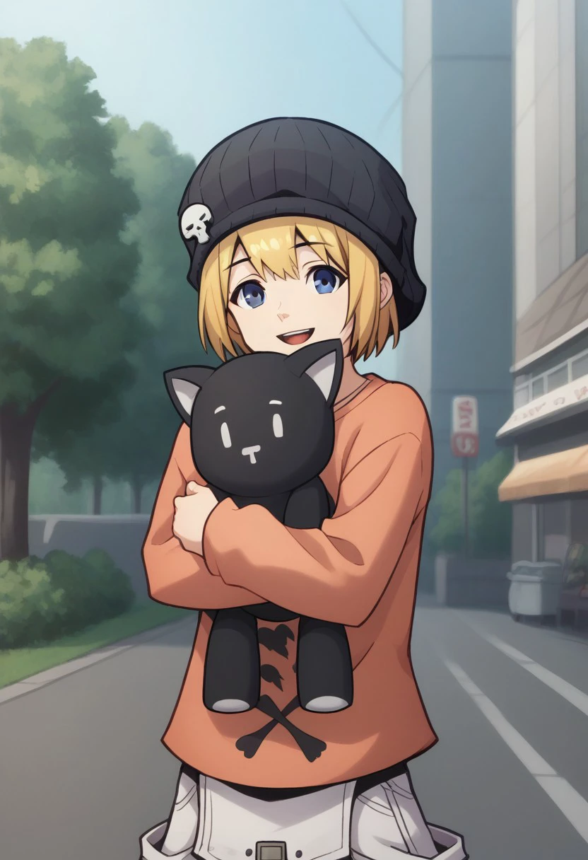 score_9, score_8_up, score_7_up, source_anime, highly detailed, 
raimu, solo, blue eyes, blonde hair, hat, smile, open mouth, shirt, black headwear, beanie, long sleeves, short hair,  bangs, skull print, 1girl, orange shirt, sleeves past wrists, 
stuffed toy, stuffed cat, hug toy,
outdoor, street, tree,