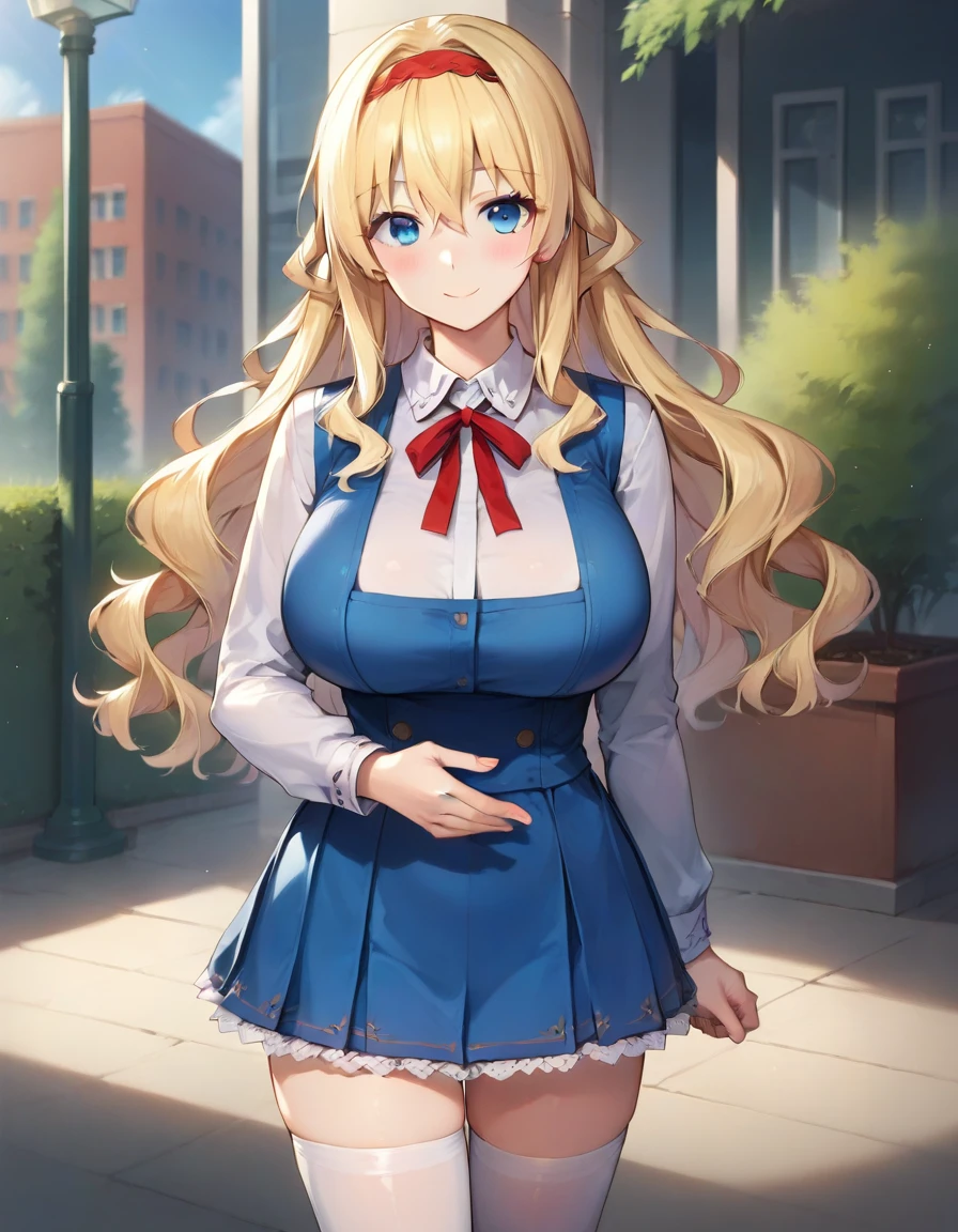 score_9,score_8_up,score_7_up,score_6_up BREAK official art,solo,outdoors,cowboy shot,looking at viewer,facing viewer,smile,blush,Yukina,blonde hair,long hair,wavy hair,hair intakes,red hairband,sidelocks,hair between eyes,bangs,blue eyes,school uniform,neck ribbon,red ribbon,pinafore dress,short dress,blue dress,white shirt,collared shirt,long sleeves,lace-trimmed dress,huge breasts,taut clothes,zettai ryouiki,white thighhighs,loafers,<lora:Yukina(kjk)-Pony:1.2>,<lora:Smooth Anime Style LoRA XL:0.8>,