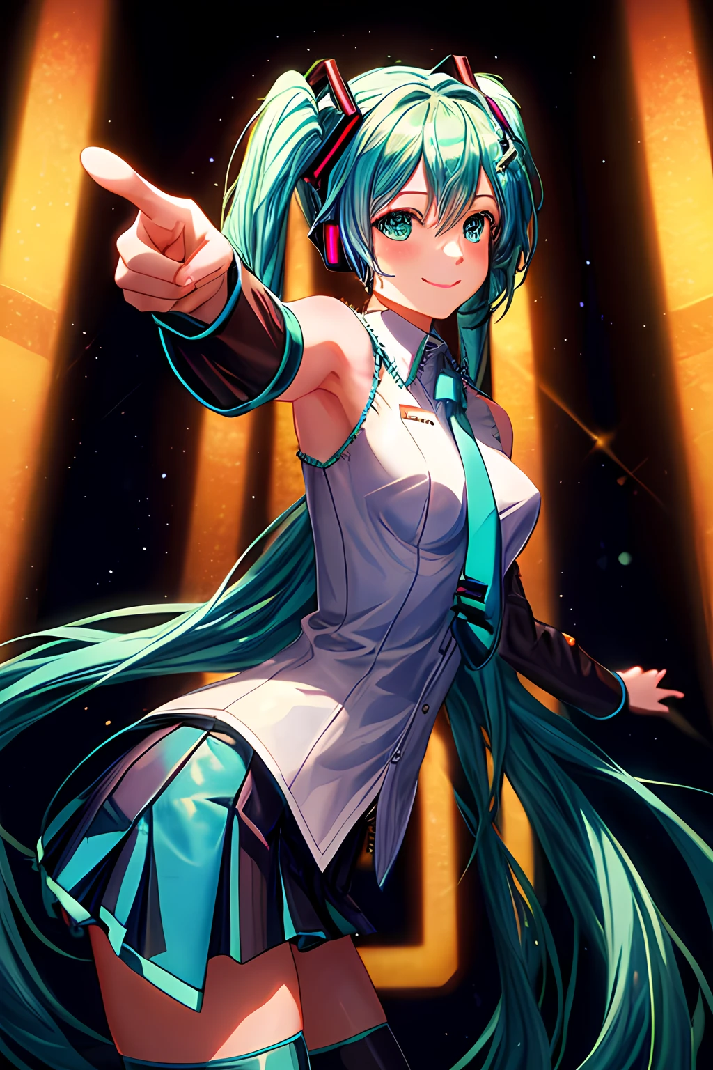 (masterpiece), high quality, cinematic lighting, 1girl, solo, hatsune miku, blue hair, long hair, hair ornament, bangs, green eyes, pointing forward, lightly smile, confident, shoulder less, beautiful, uniform, tie, standing, dark background <lora:add_detail:1>