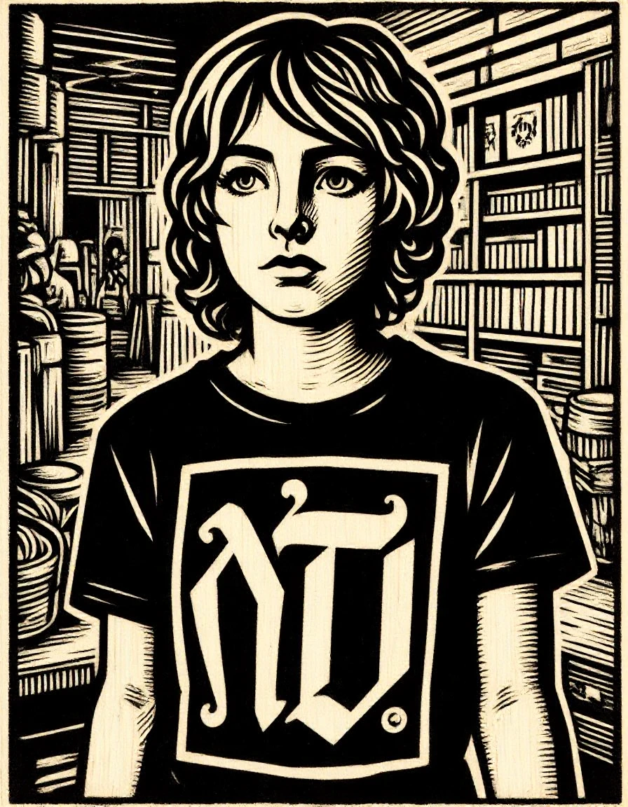 Woodblock print moody portrait of a skinny punk rock girl in 1996 in a Newbury Comics shop, half-shaved head and ears pierced with safety pins, wearing a NIN t-shirt