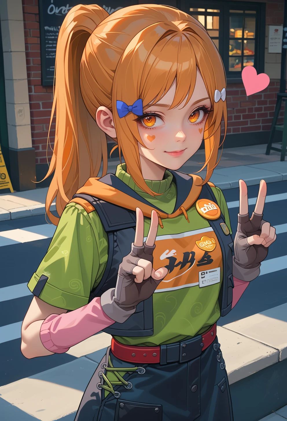 score_9, score_7_up, source_anime, solo, BREAK  <lora:AEHeddy:0.7> AEHeddy, orange eyes, orange hair, long hair, ponytail, sidelocks, facial mark, heart facial mark, hair bow, hair tie, hair clip, blue bow, white bow, hoodie, black skirt, black vest, green shirt, short sleeves, black gloves, fingerless gloves, grey gloves, apron, badge, red belt, long skirt, pink socks, black footwear, boots, 
smile, hands up, double v,