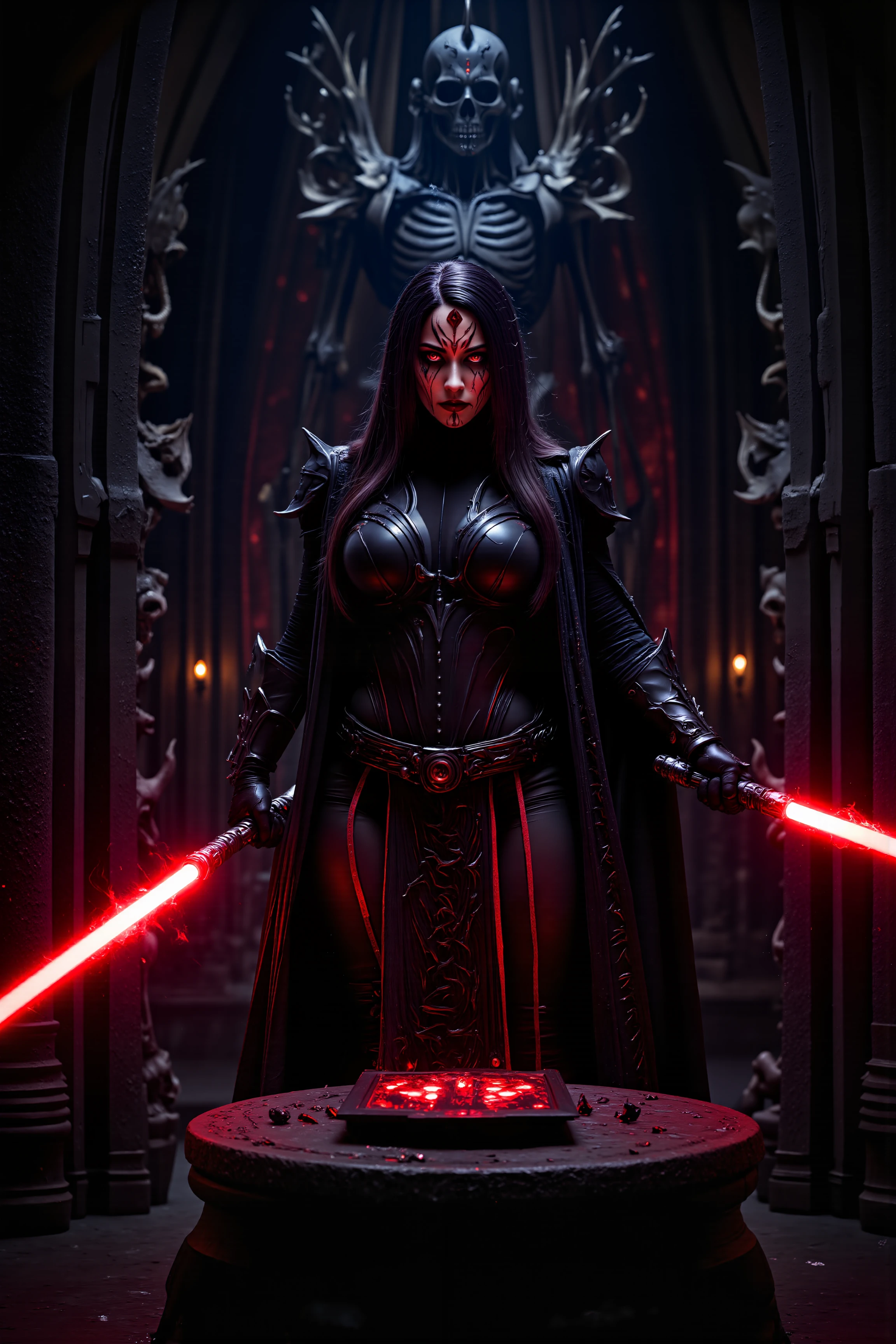 A hyper-realistic portrait, photorealistic photo close-up image of  Inside a dark and foreboding Sith citadel, a Sith Lady with jet-black hair and violet eyes stands before an ancient Sith holocron, her fingers tracing the glowing runes etched into its surface. Her black and crimson armor is sleek and angular, designed for swift, deadly strikes, and her lightsaber rests on the stone pedestal beside her, its red blade still smoking from recent use. The room around her is dimly lit, the only light coming from the eerie glow of the holocron and the faint, pulsing energy that emanates from the walls. The Sith Ladyâs face is set in a cold, expressionless mask as she channels the dark side, drawing power from the ancient knowledge stored within the holocron. The walls of the citadel are adorned with the skeletal remains of ancient Sith Lords, their bones meticulously arranged in patterns that reflect the dark rituals performed within these hallowed halls. Outside, the faint sound of a distant storm echoes through the stone corridors, the wind howling like the cries of long-forgotten souls. The air in the room is thick with the dark side, palpable and oppressive, as the Sith Lady bends it to her will, drawing ever deeper into the ancient secrets of her dark ancestors. (photography, high-resolution, dynamic, energetic,hyper-realistic, dramatic lighting, shallow depth of field.), detailmaximizer, MythP0rt<lora:midjourney_whisper_flux_lora_v01:0.55><lora:aidmaMJ6.1-FLUX-V0.1:0.4><lora:FluxMythP0rtr4itStyle:0.4><lora:detailed_flux_ntc:2.2><lora:aidmaImageUpgrader-FLUX-V0.1:0.65><lora:SITH_FLUX:1.1>