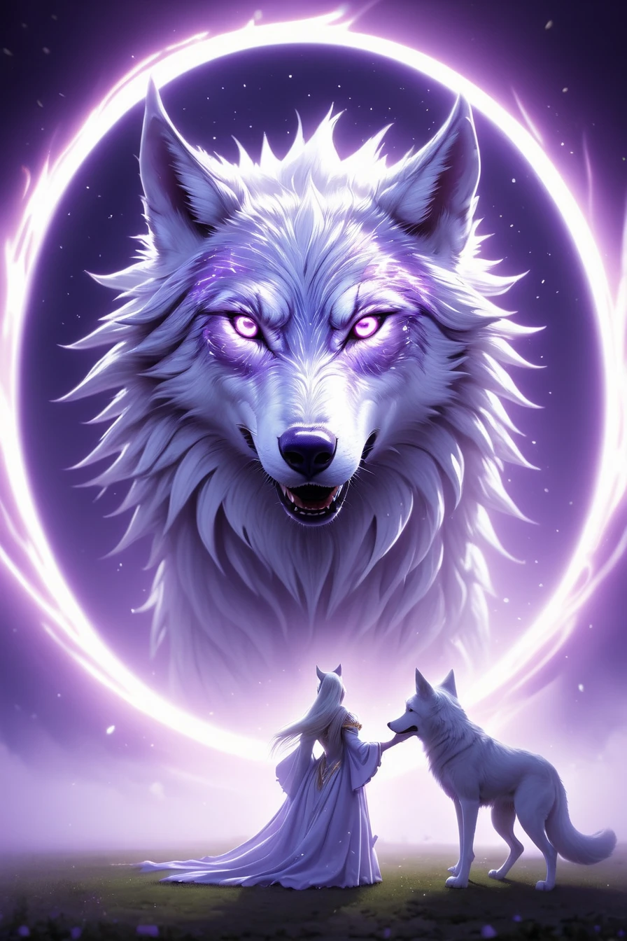 Cinematic shot of an evil witch summoning an giant white wolf with purple glowing thunder around him from a big purple glowing portal, the white wolf is slowly appearing from the portal and enering our world, (summoning portal:1.2), masterpiece, best quality, highly detailed, masterpiece, best quality, highly detailed, sharp focus, dynamic lighting