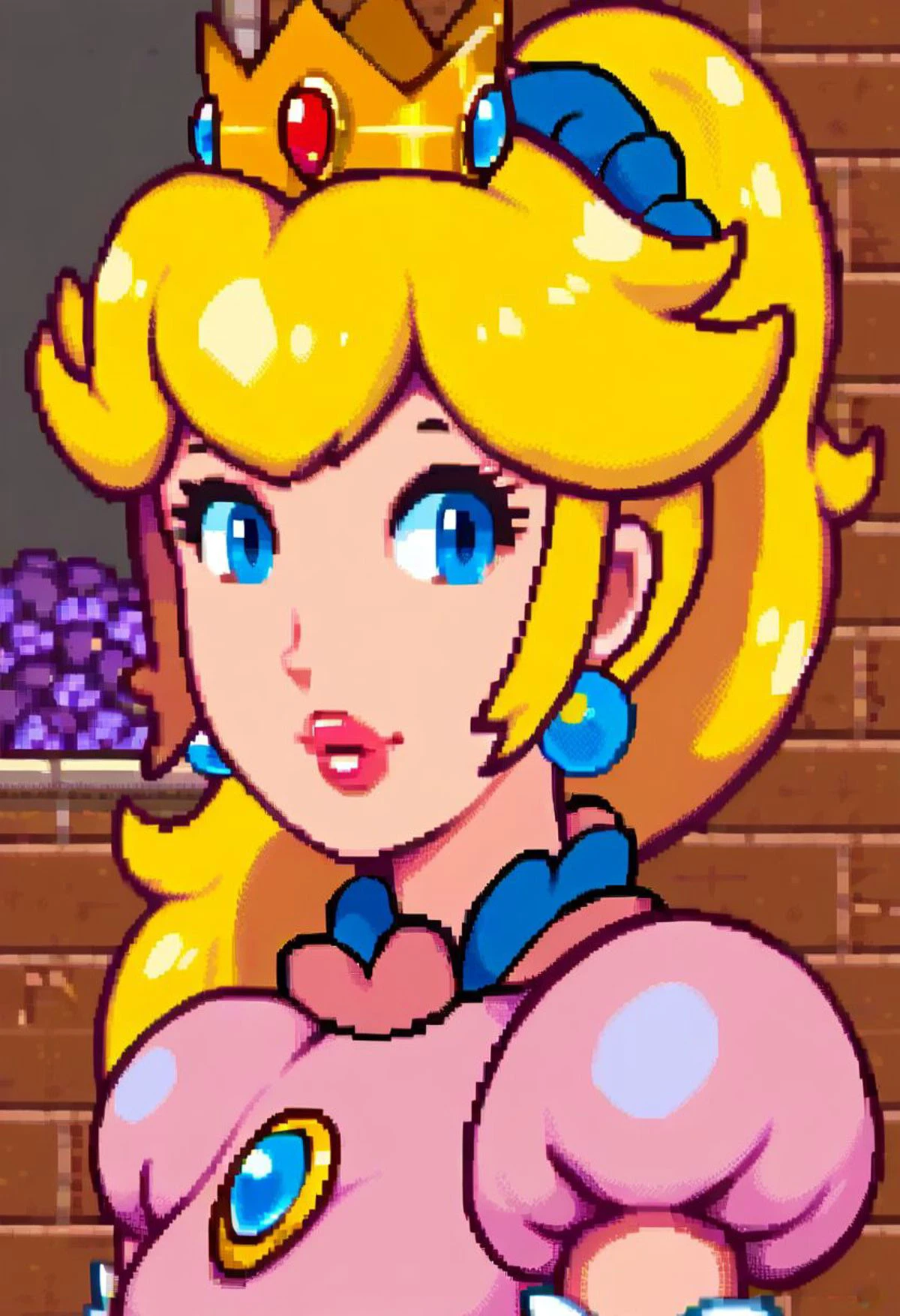 princess peach, solo, 1girl, female, source_cartoon, looking at viewer, eye contact, upper body, big rond breasts, StardewValley, Pixel art,