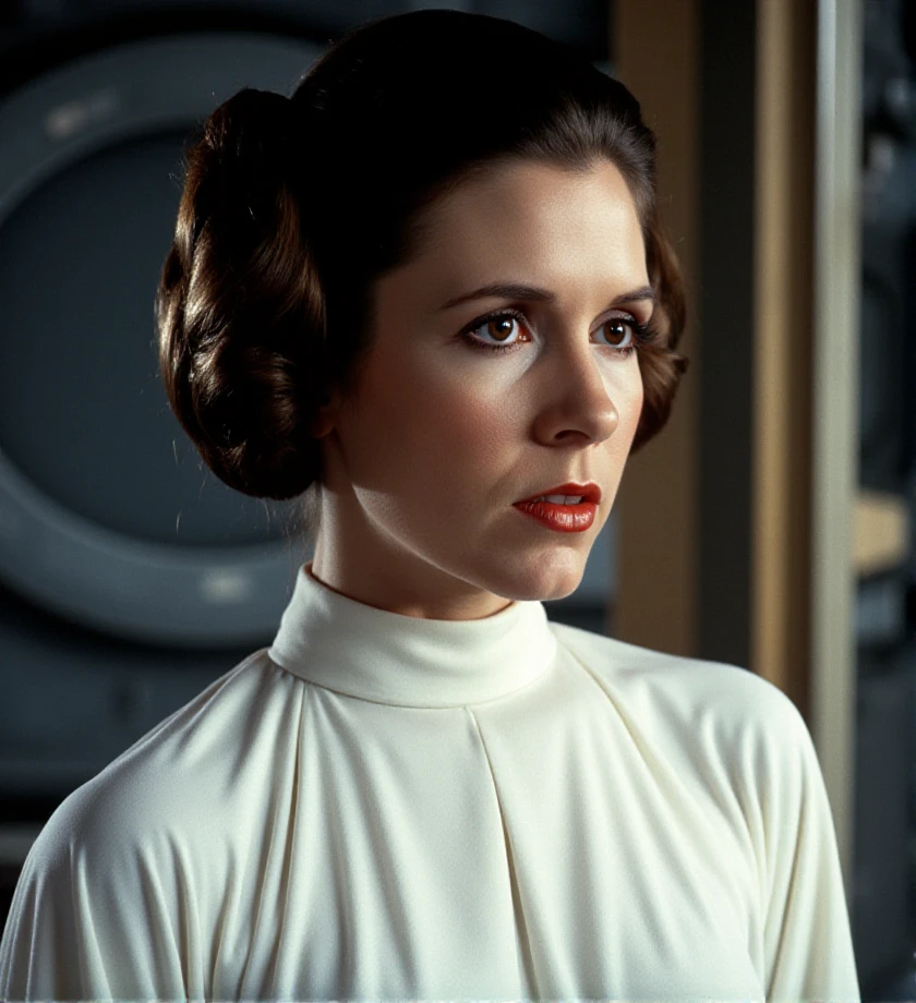 <lora:princess-leia-flux-p3r1n:1> p3r1n, face, white dress, star wars style background