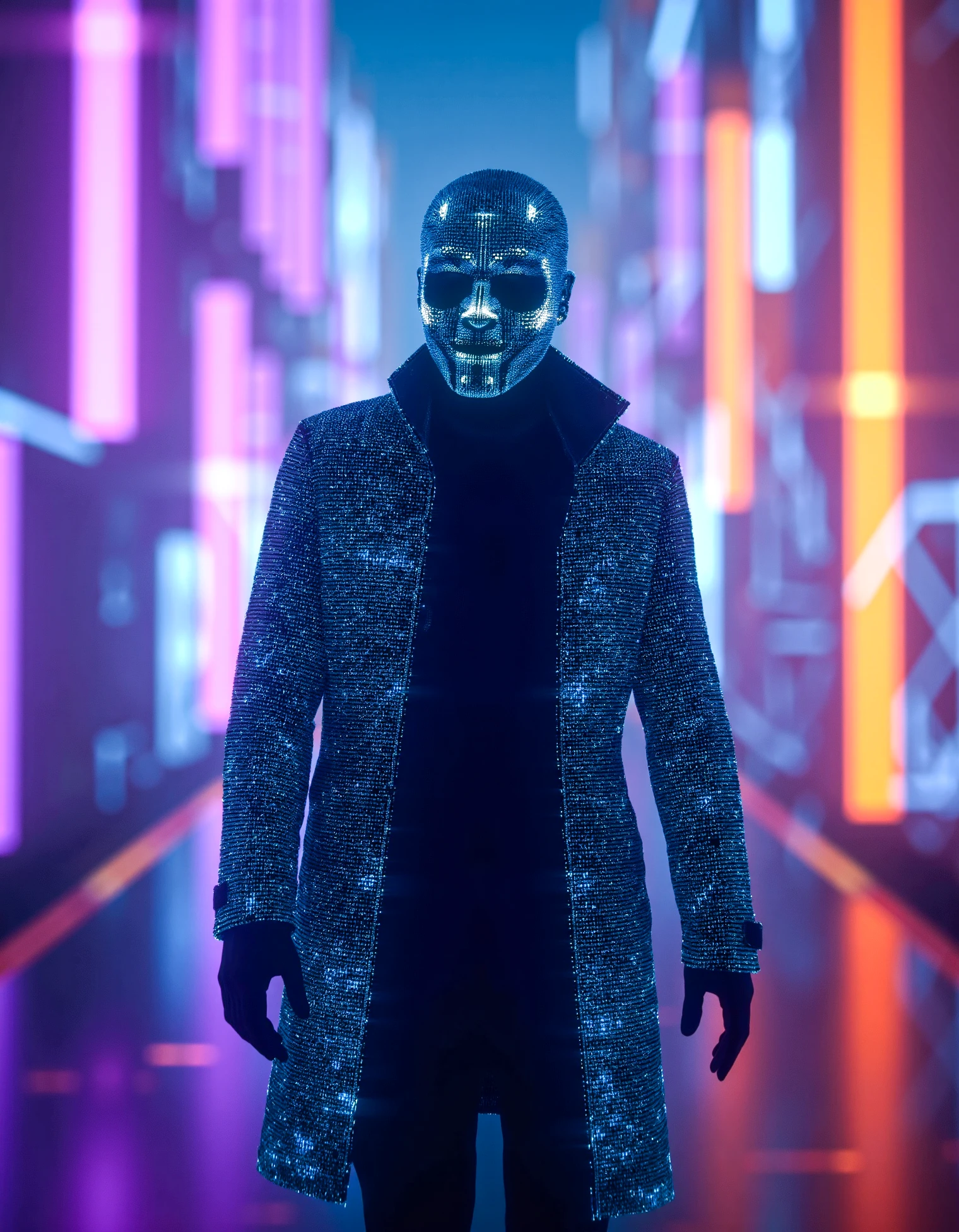 zavy-cbrspc, cyberspace, holographic, A shadowy figure in a holographic trench coat moves through a glowing cyberspace alley, their face obscured by a mask made entirely of scrolling code. The mask’s eyes are deep black voids, but glitching symbols flicker faintly. The background is a vivid panorama of towering neon-lit buildings, each radiating different hues of purple, teal, and gold