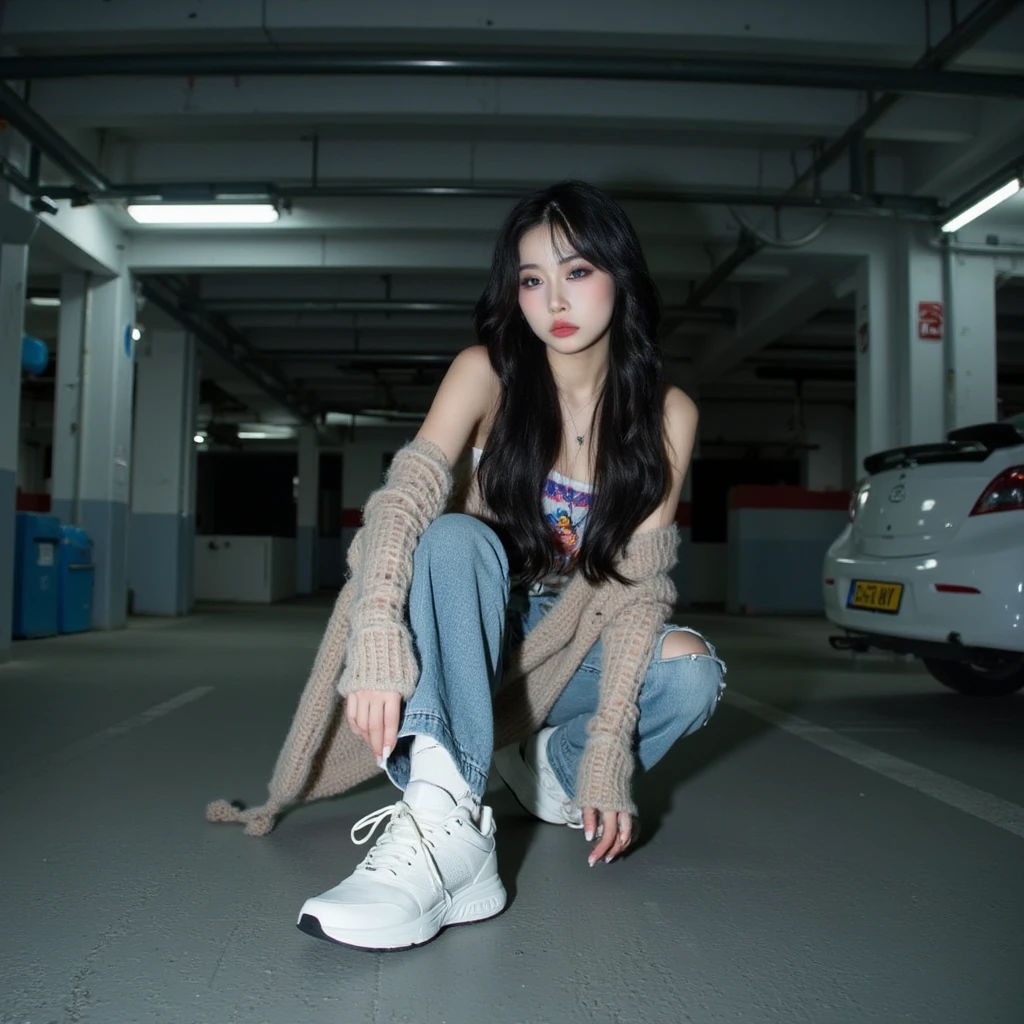 aesthetic, dynamic pose, asian woman with white posing in a garage, aesthetic pose, streetwear, high quality, image captured by xie xeing, dark lightning, garage, hand in camera, vitage,