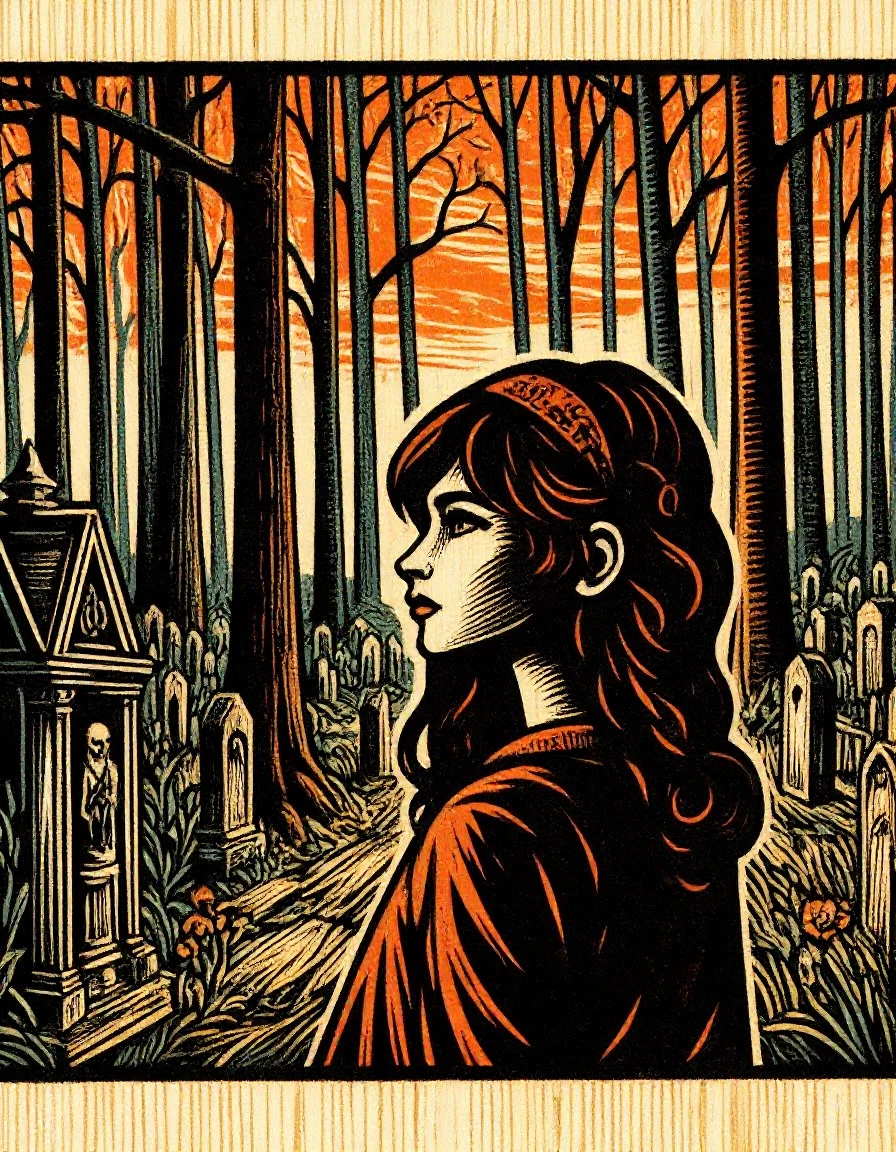 Woodblock print head and shoulders closeup portrait of a goth girl in a cemetery late afternoon among tall trees and elaborate grave stones, chiaroscuro lighting, annotated color illustration on mottled parchment