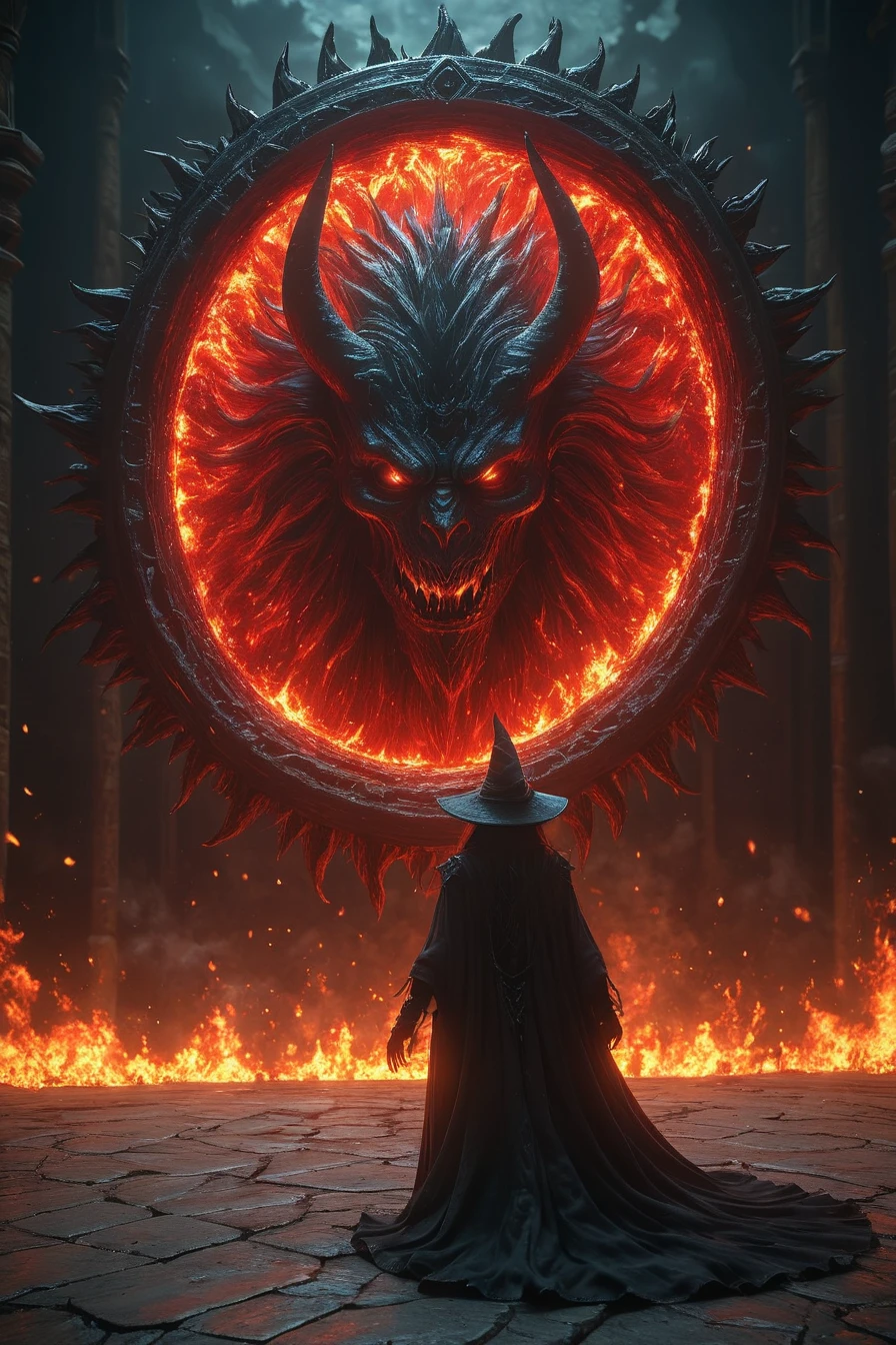 Cinematic shot of an evil witch summoning an evil demo king from hell in a big glowing portal, the demon king is slowly appearing from the portal and enering our world, (summoning portal:1.25), masterpiece, best quality, highly detailed, masterpiece, best quality, highly detailed, sharp focus, dynamic lighting