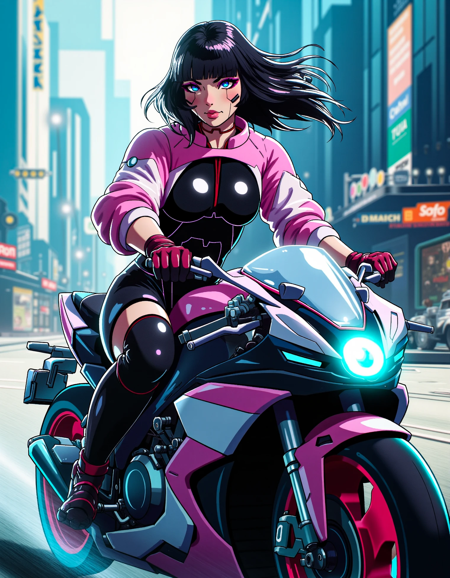 zavy-sasha, a young woman in a black bodysuit and pink with white shrugs in comic style, riding a sleek futuristic motorcycle through a cyberpunk city at high speed, with wind blowing through her hair