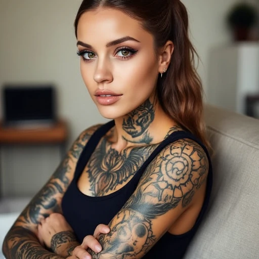 sleeveless top, including winged eyeliner and nude lipstick., and she has a striking, and her skin is adorned with extensive, possibly religious figure in the center., intricate tattoos on her arms, and her face is not visible in this shot., laid-back style