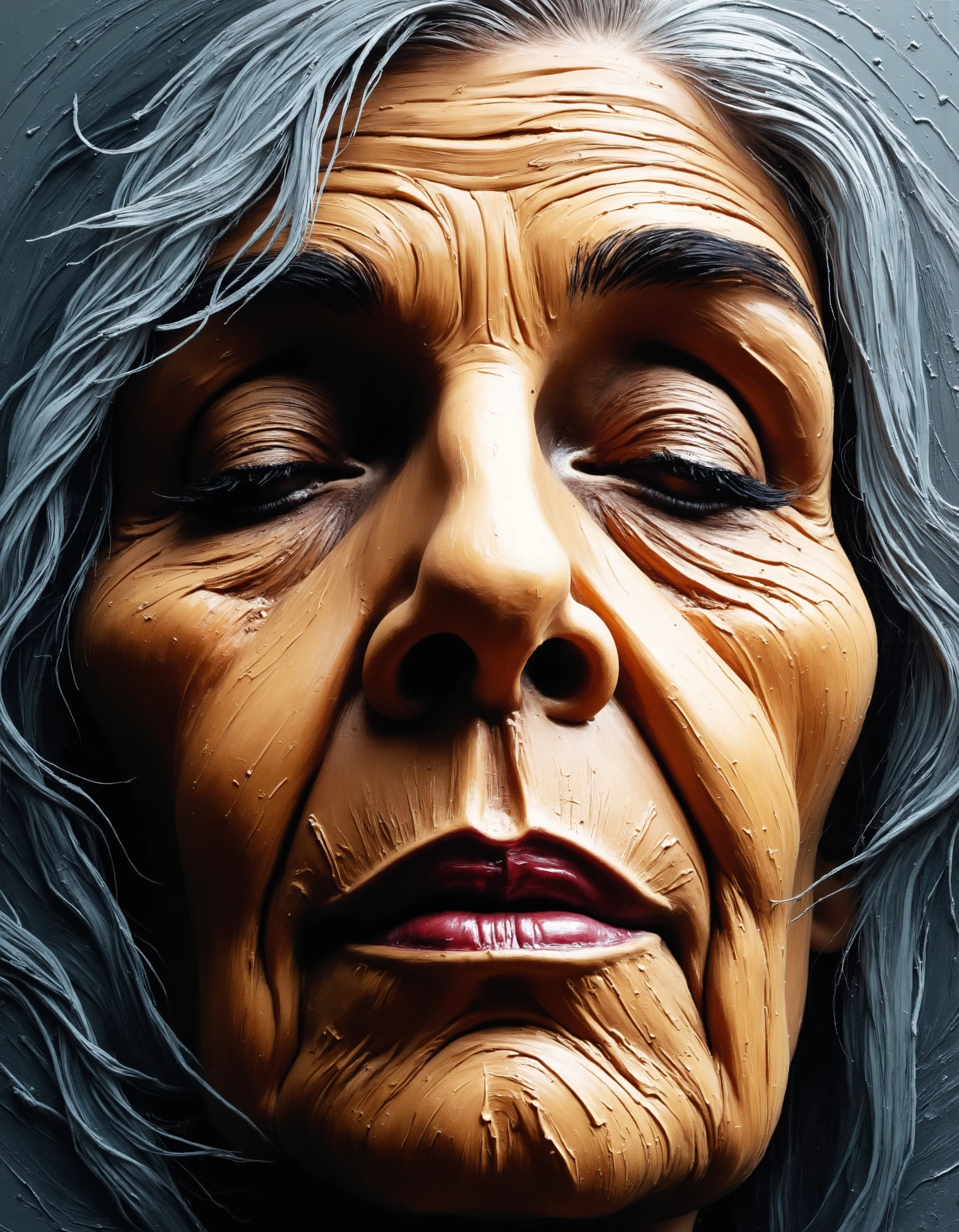 zavy-rghpnt, A striking close-up of an elderly woman’s face, every wrinkle and line of her aged skin painted with thick, heavy brush strokes. The texture is so rough that it almost feels like you can reach out and feel the creases of her skin. The deep folds around her eyes and mouth are rendered with dark, jagged streaks of paint, emphasizing her years of wisdom and hardship. Her eyes, slightly sunken but still bright, are painted with thick, impasto strokes, making them glisten and stand out against the textured background. Her gray hair, depicted in sweeping, coarse strokes, flows into the abstract background, giving the piece a sense of both weariness and resilience