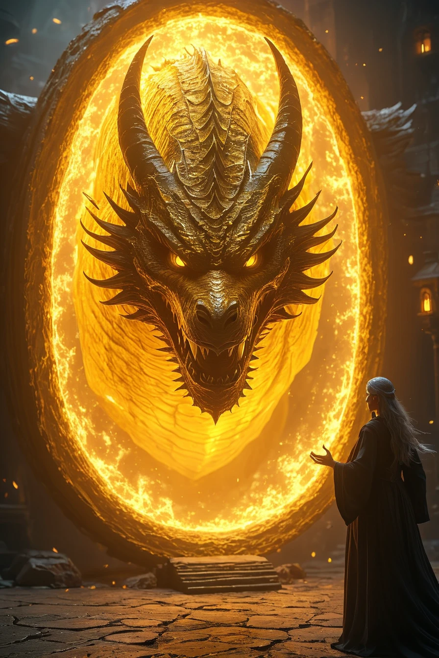 Cinematic shot of an evil witch summoning an evil giant yellow dragon from a big glowing portal, the dragon is slowly appearing from the portal and enering our world, (summoning portal:1.2), masterpiece, best quality, highly detailed, masterpiece, best quality, highly detailed, sharp focus, dynamic lighting