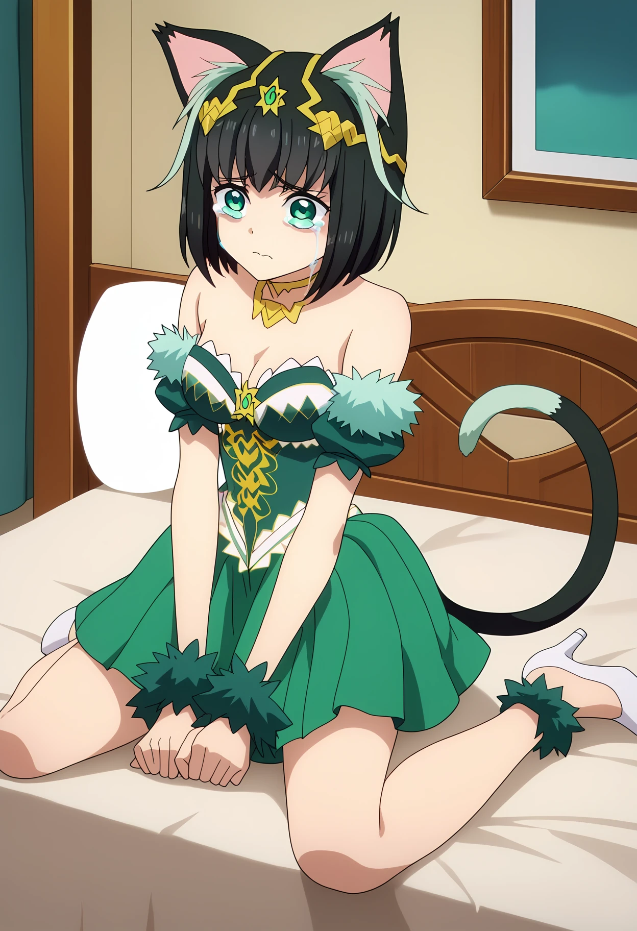 score_9, score_8_up, score_7_up,source_anime,
BREAK
1girl, solo, 
<lora:shiTamaV1:1>, tamaprishort, short hair, black hair, multicolored hair, tiara, 
green eyes, cat tail, cat ears, animal ears, 
miniskirt, green dress, detached sleeves, bare shoulders, fur trim, short sleeves, 
white footwear, high heels, 
looking at viewer, sad, streaming tears, crying, 
indoors, bed,