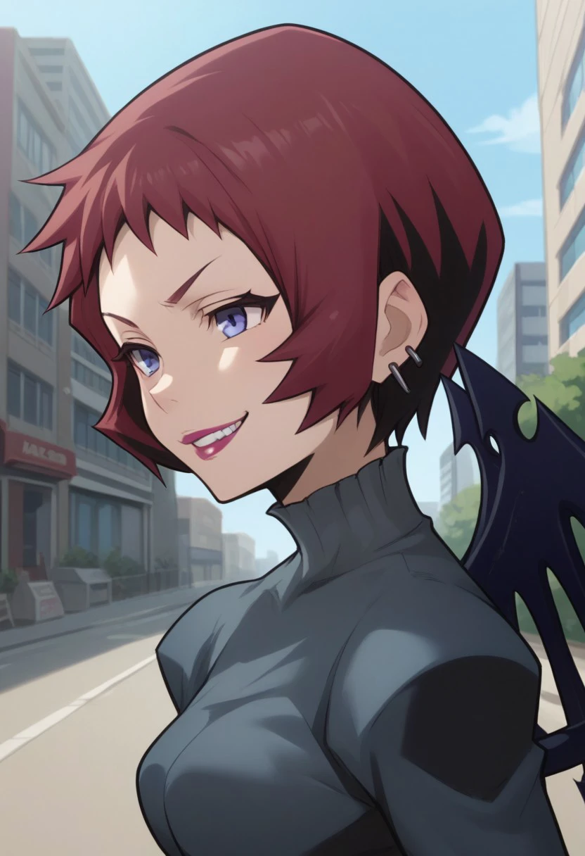 score_9, score_8_up, score_7_up, source_anime, highly detailed, 
uzuki, 1girl, solo, short hair, wings, black wings, blue eyes, lipstick, gloves, red hair, makeup, purple eyes, grey shirt, earrings, smirk, teeth,
outdoor, street, building, sky,