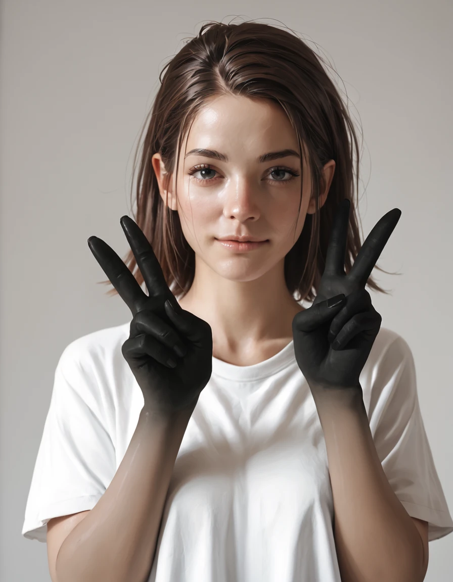 score_9, score_8_up, score_7_up,  <lora:GradientSkin:1>, (black gradient arms:2), realistic, 1girl, solo, shirt, hands up, v-sign