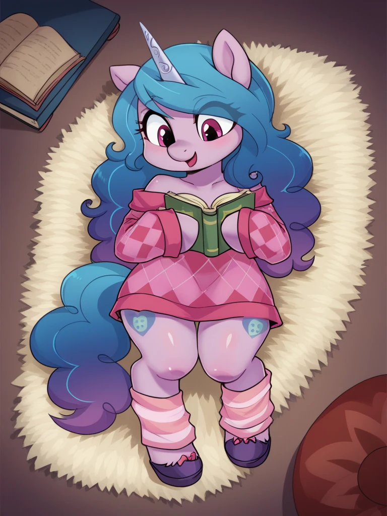 zPDXL3, 1girl, solo, flat color, 
<lora:shepherd:0.9> sh3p3rd, argyle off-shoulder dress, pink leg warmers, platform footwear, izzy moonbow \(mlp\), lying on a cozy rug, reading a book by candlelight