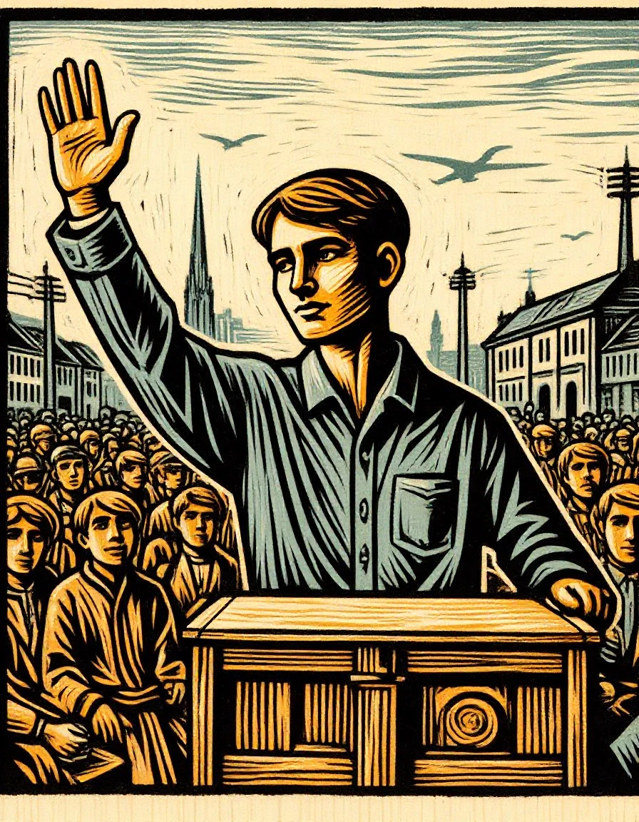 Woodblock print portrait of a handsome young adult Indian politician waving at a crowd of supporters from behind a lectern in a small town during campaign season.