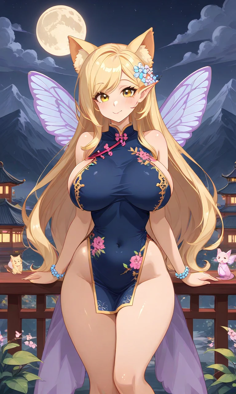 fairypussysaga, fairy, blonde hair, long hair, hair ornament, yellow eyes, china dress, dress, animal ears, chinese clothes, breasts, mountain, long hair, looking at viewer, moon, night, sleeveless dress, full moon, sleeveless, bare shoulders, covered navel, pelvic curtain, large breasts, standing, outdoors