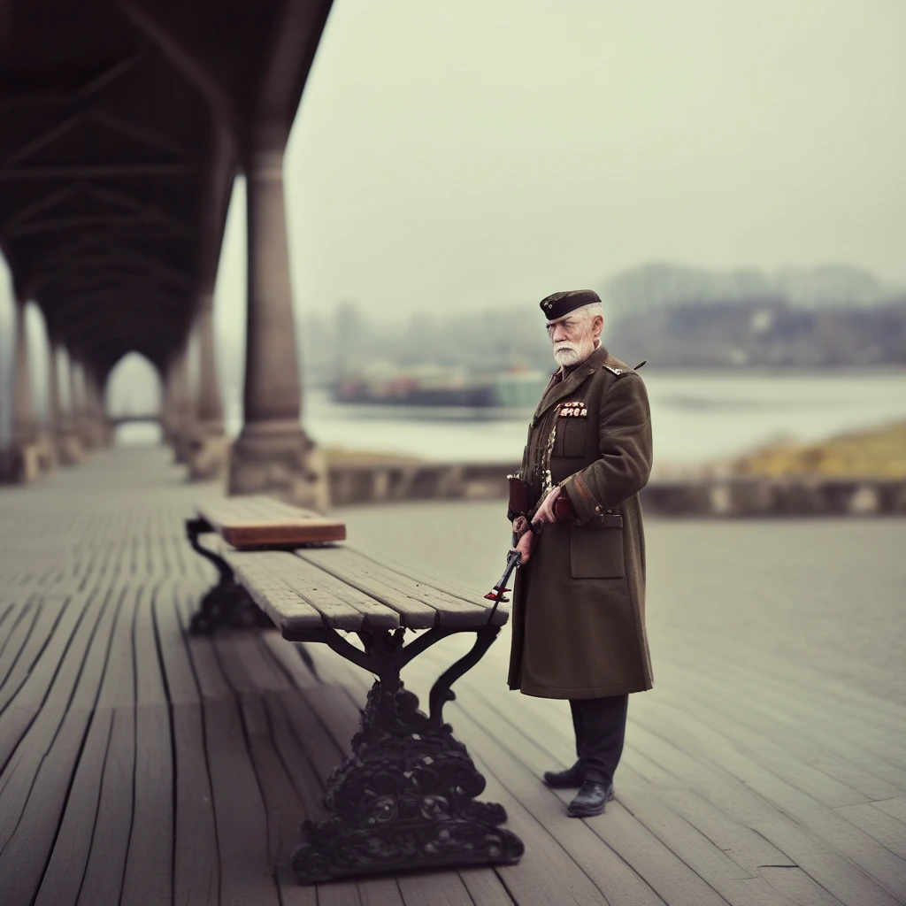 military, holding weapon, blurry, old man, bridge, apron, bench, scenery, coat