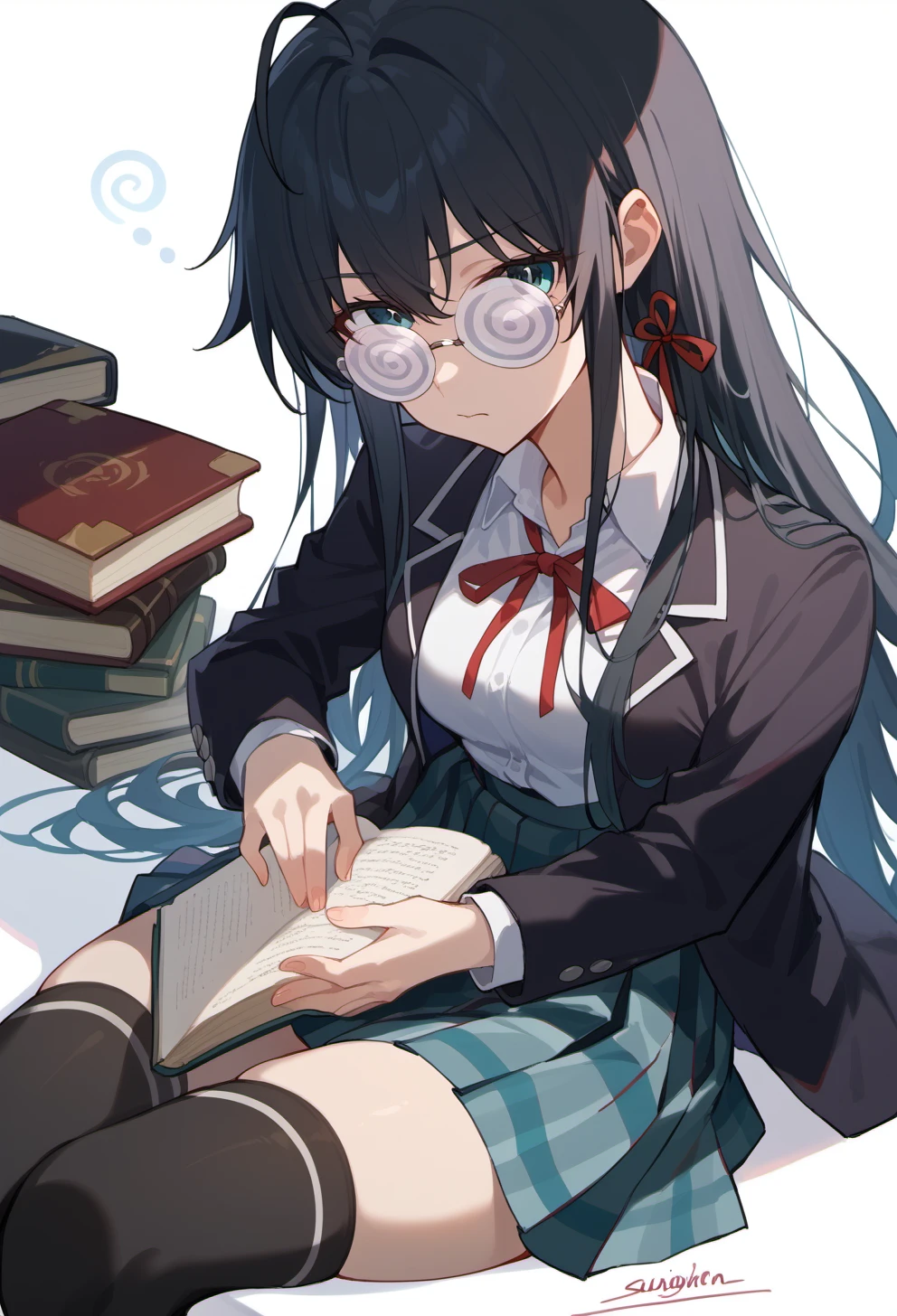 score_9, score_8_up, score_7_up, source anime, yukinoshita yukino, 1girl, black hair, black jacket, black thighhighs, blazer, spiral glasses, book, closed mouth, hair ribbon, holding book, long hair, long sleeves, looking at viewer, miniskirt, neck ribbon, plaid skirt, red ribbon, sitting, skirt, sobu high school uniform, solo, thighhighs, white background, white shirt, zettai ryouiki, <lora:coke-bottle_glasses-xl-pony-v1:1>, <lora:cw_all-xl-pony-v1:1>,