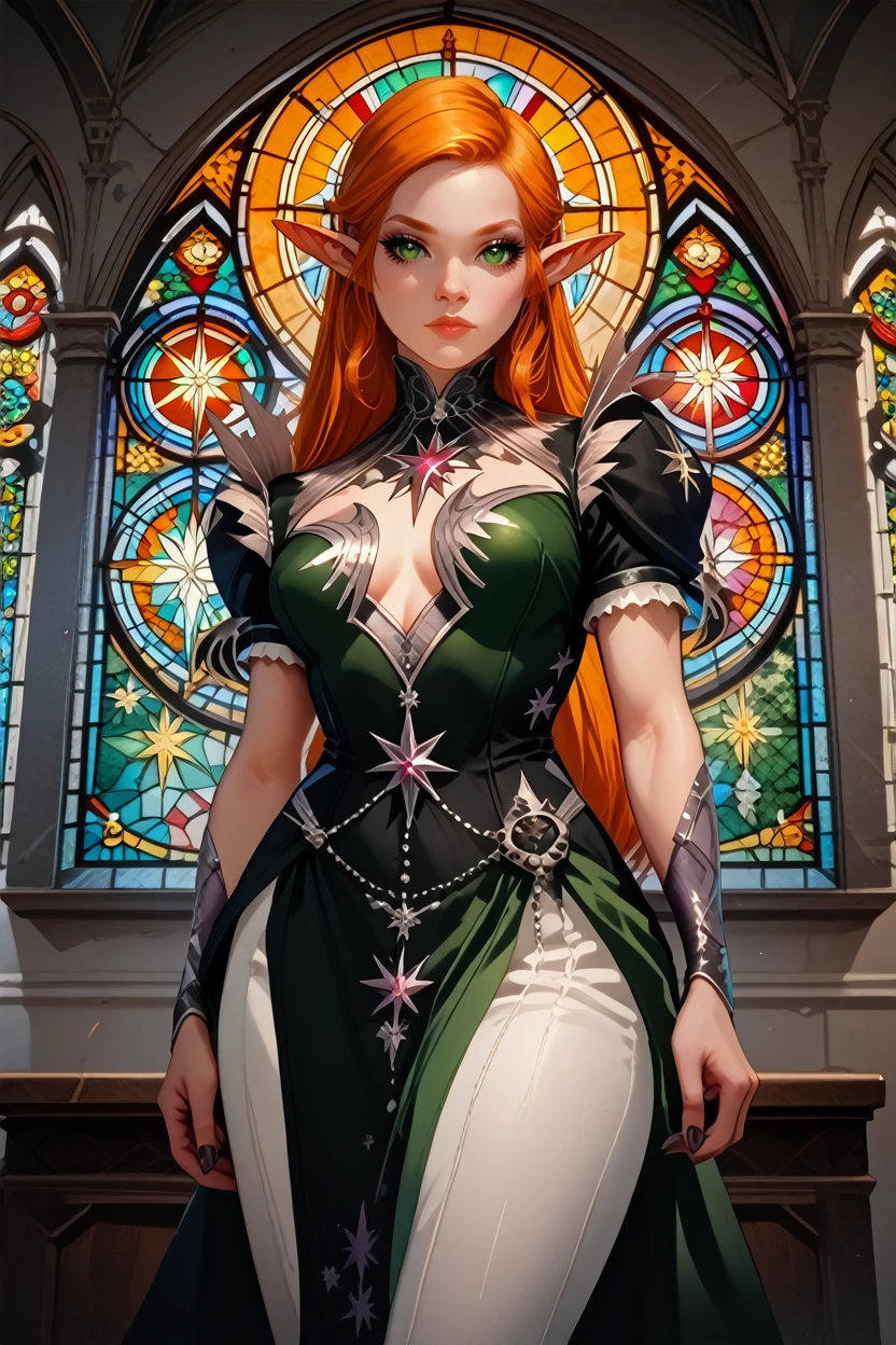 score_9, score_8_up, score_7_up, score_6_up
<lora:LAMC:0.9>
LAMC, 1girl, orange hair, long hair, pointy ears, green eyes, looking at viewer, mysterious gaze, standing, one hand on hip, gothic cathedral, stained glass windows, twilight